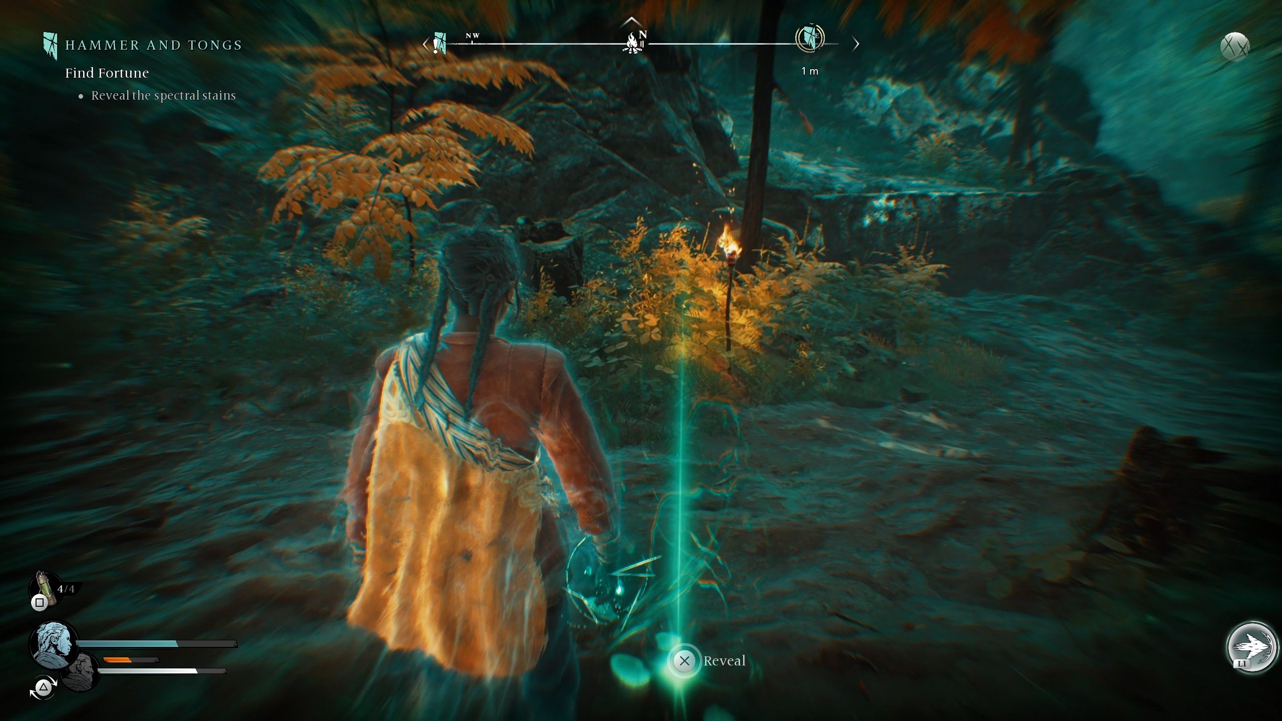 Antea is standing near some stains and about to reveal a trail - Banishers Ghosts of New Eden