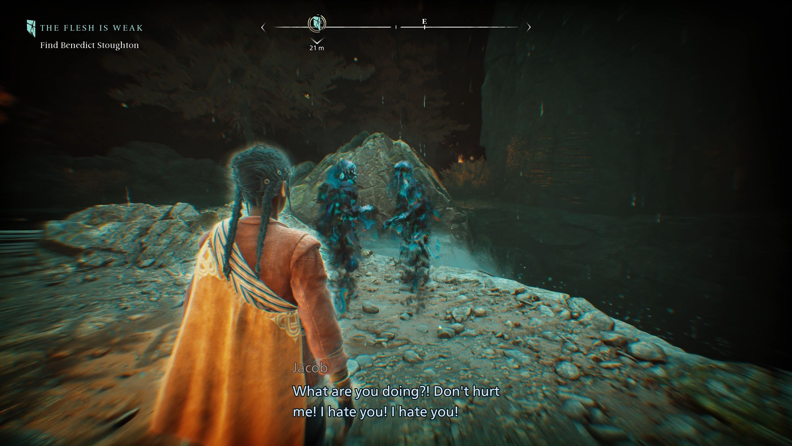 Antea standing next to a memory from the past of Jacob and Ben - Banishers Ghosts of New Eden