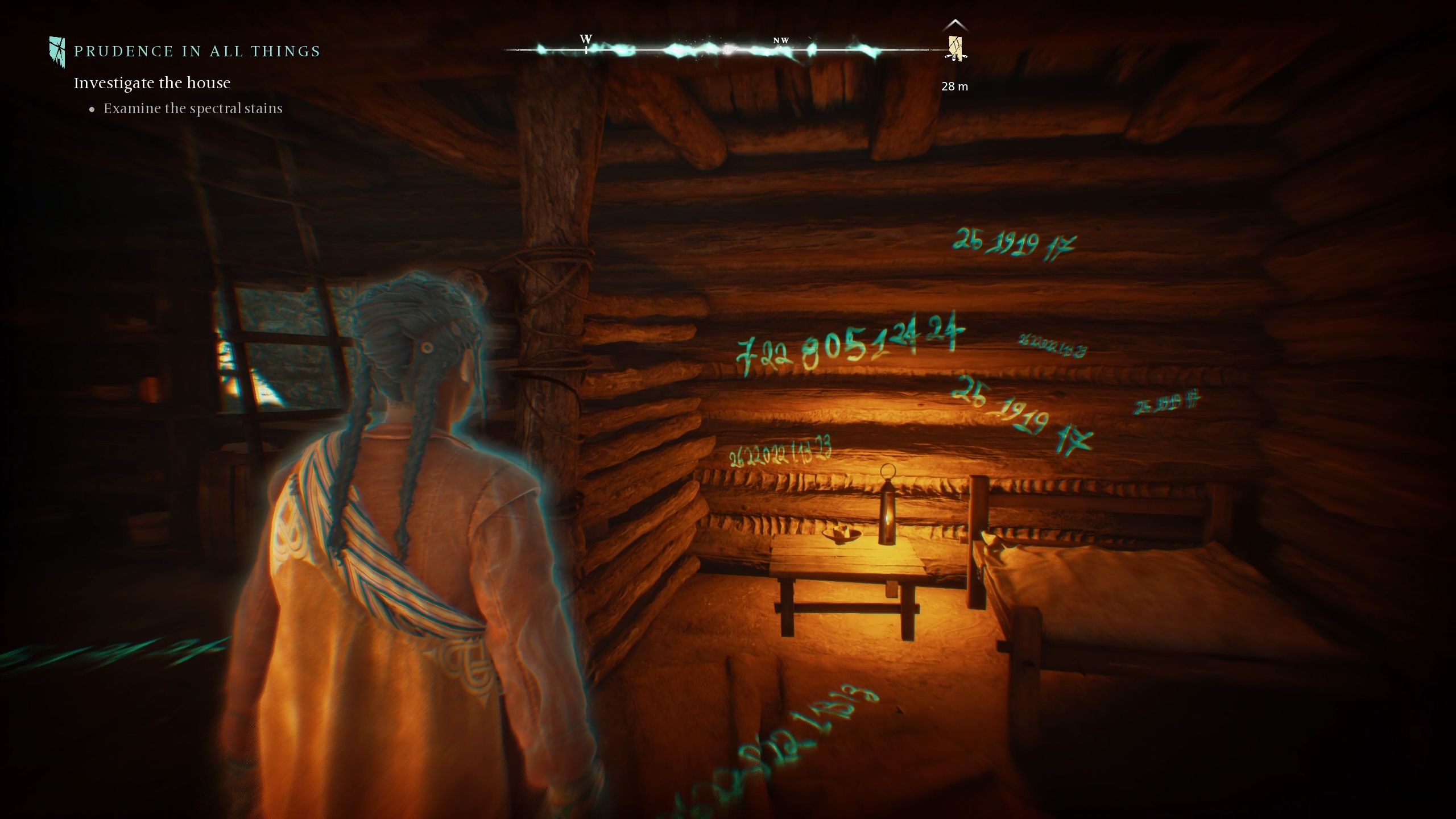 Antea standing next to a wall full of random numbers - Banishers Ghosts of New Eden