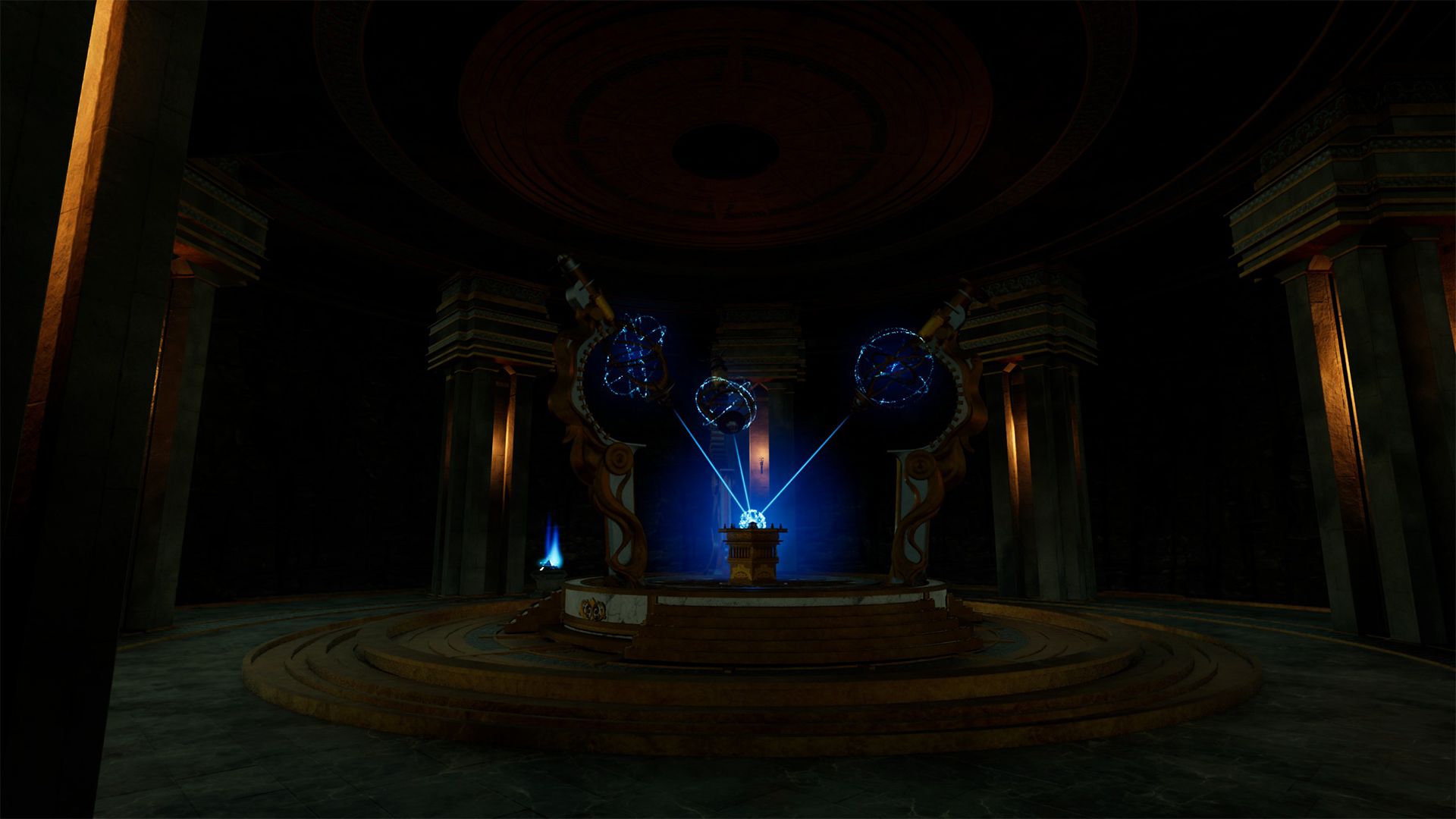 a pedestal with blue lights at the bottom of the antiquarian site of power