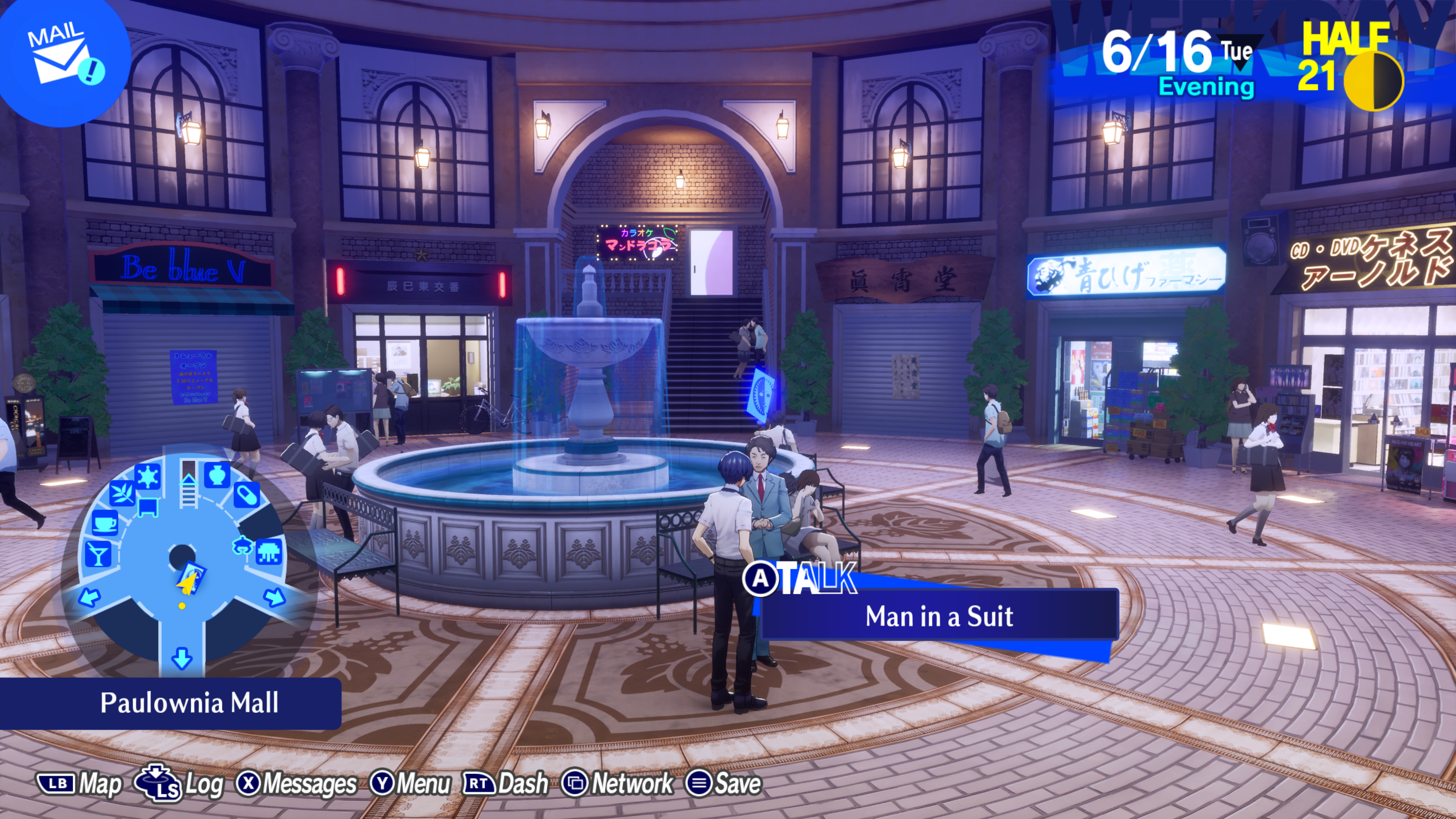 Approaching Tanaka, the Devil Arcana Social Link, for the first time at Paulownia Mall