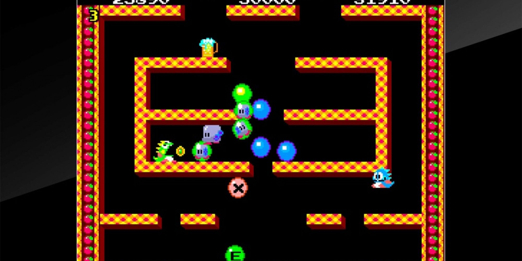 Dragon blowing bubbles at enemies in a level of Bubble Bobble