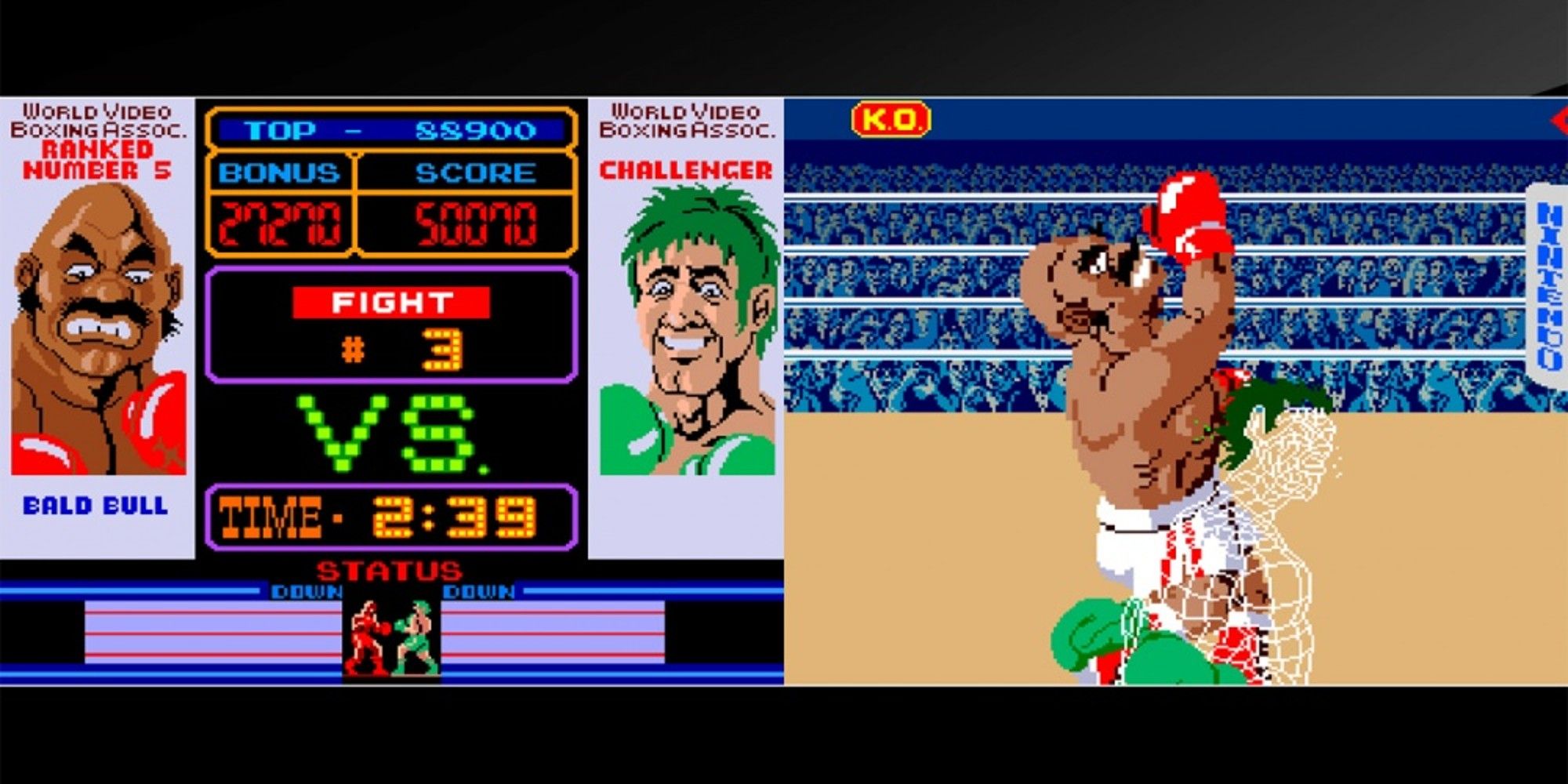Punch-Out!! split image two boxers fighting on the right with the match stats shown on the left
