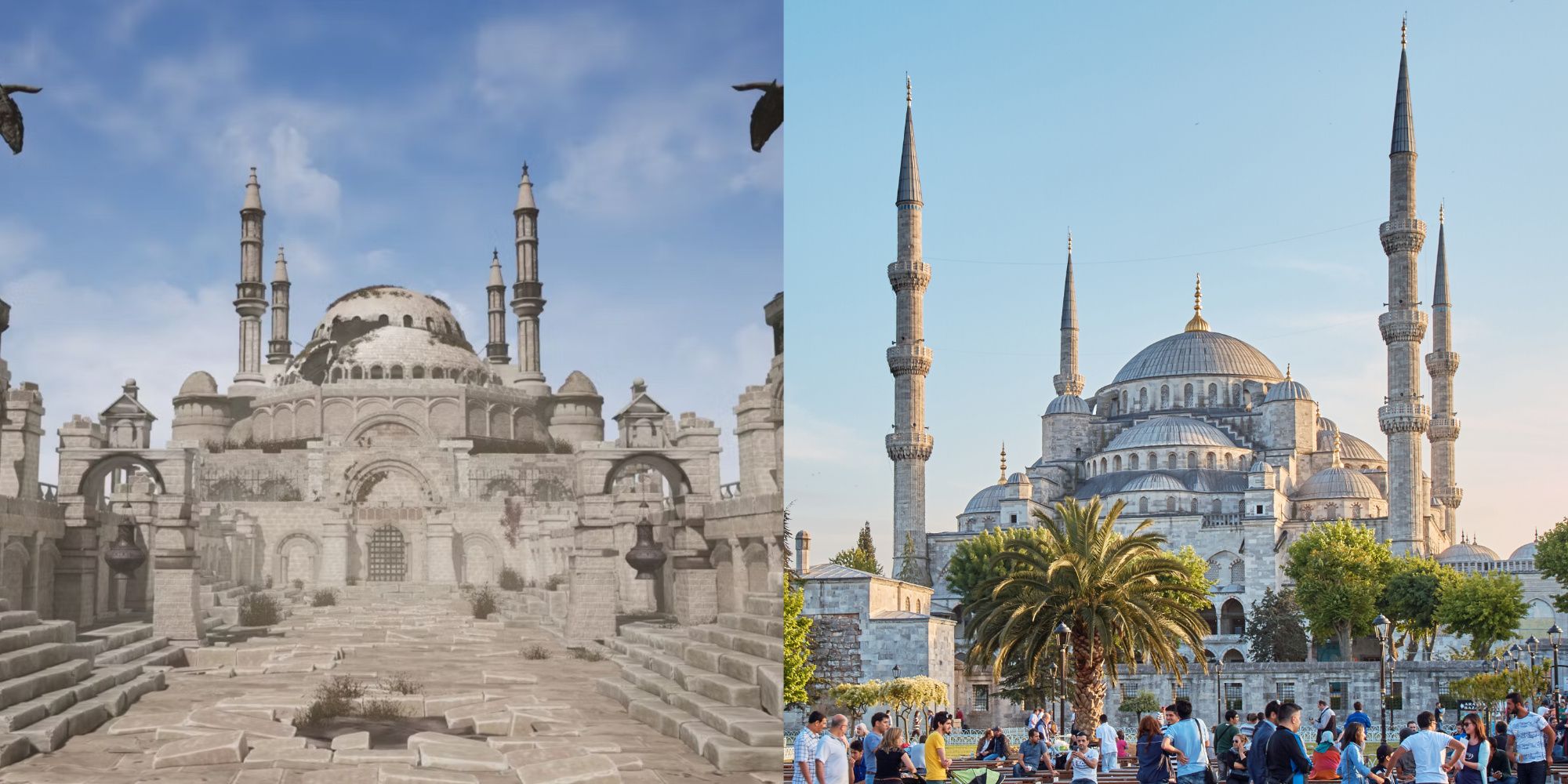 Comparison between the Archdragon Peak area in Dark Souls 3 and the Blue Mosque in Istanbul