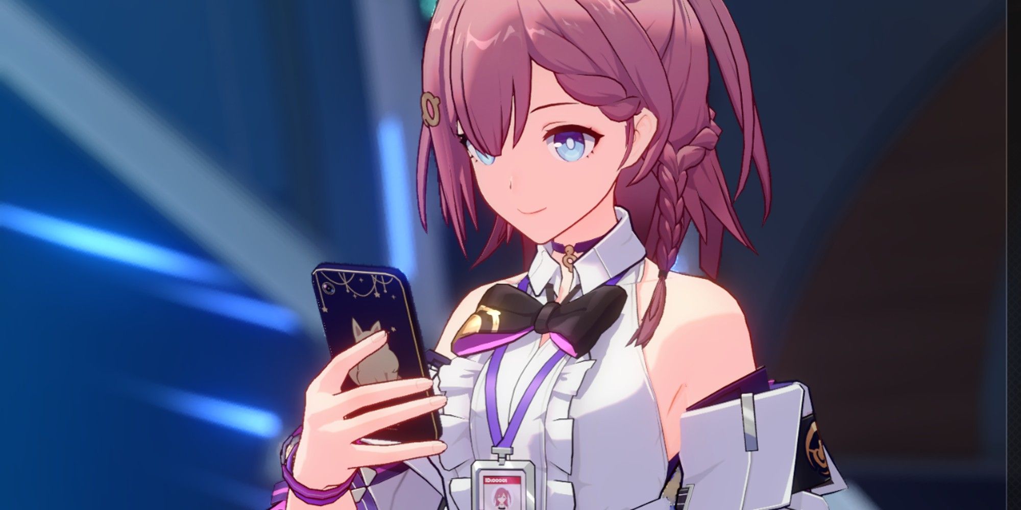 Honkai Star Rail's Asta looks at her phone.