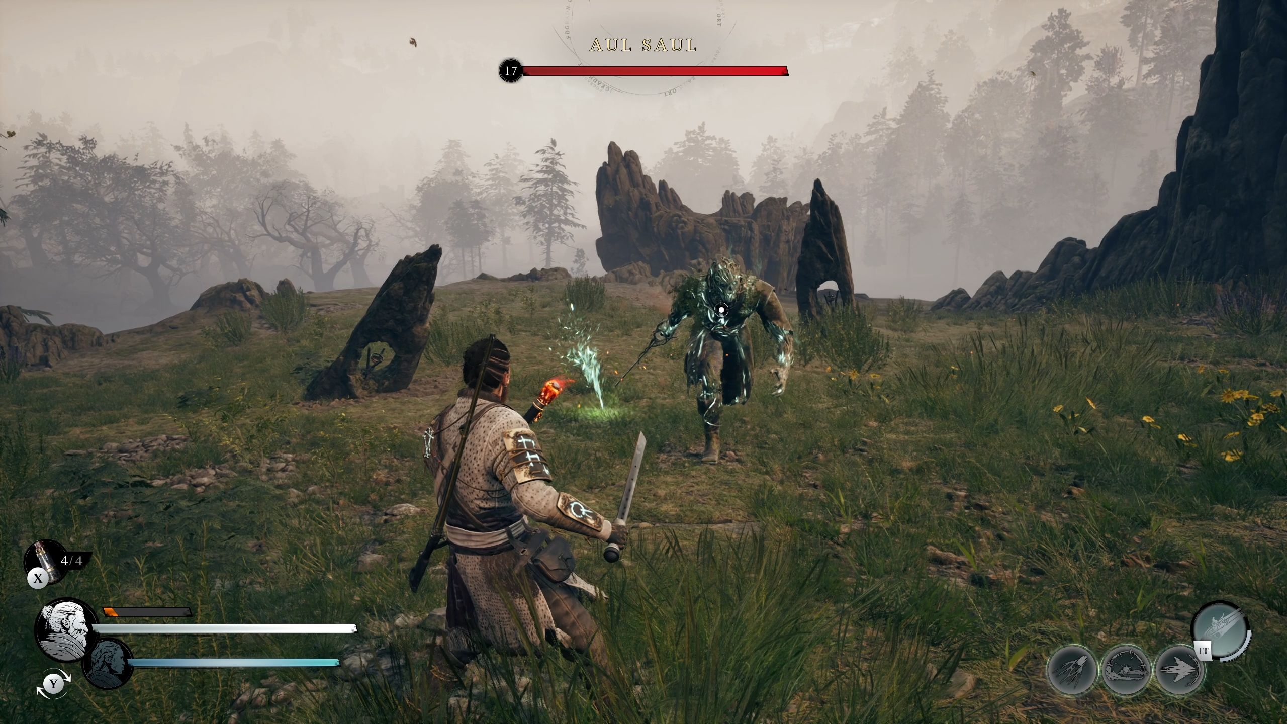 Aul Saul is dragging his sword toward Red to perform an attack - Banishers Ghosts of New Eden