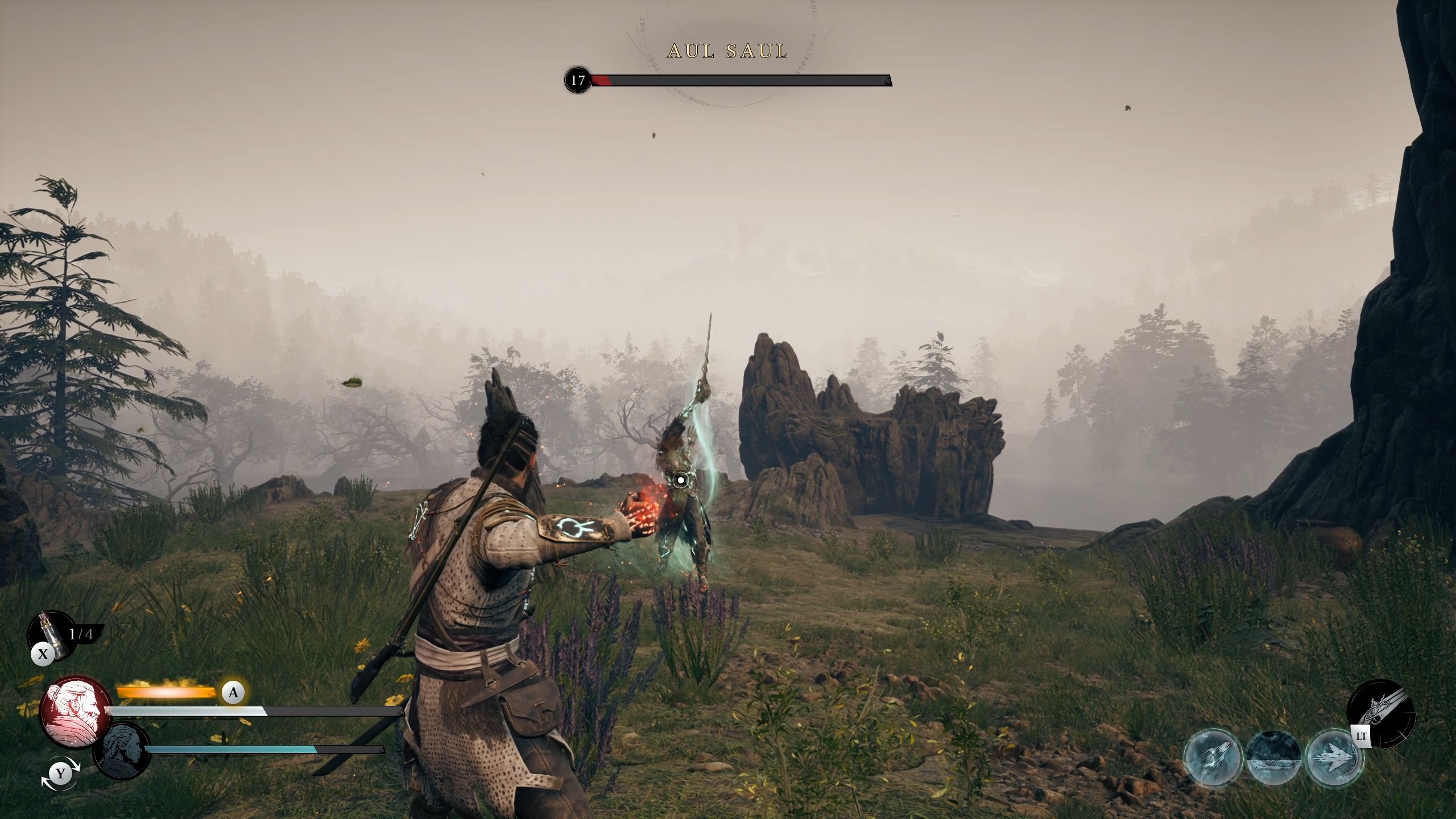 Aul Saul is raising his sword to unleash an area-of-effect damaging attack - Banishers Ghosts of New Eden