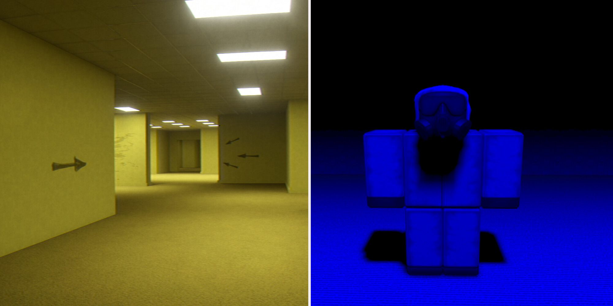 Arrows pointing in bacrooms and roblox man in hazmat suit