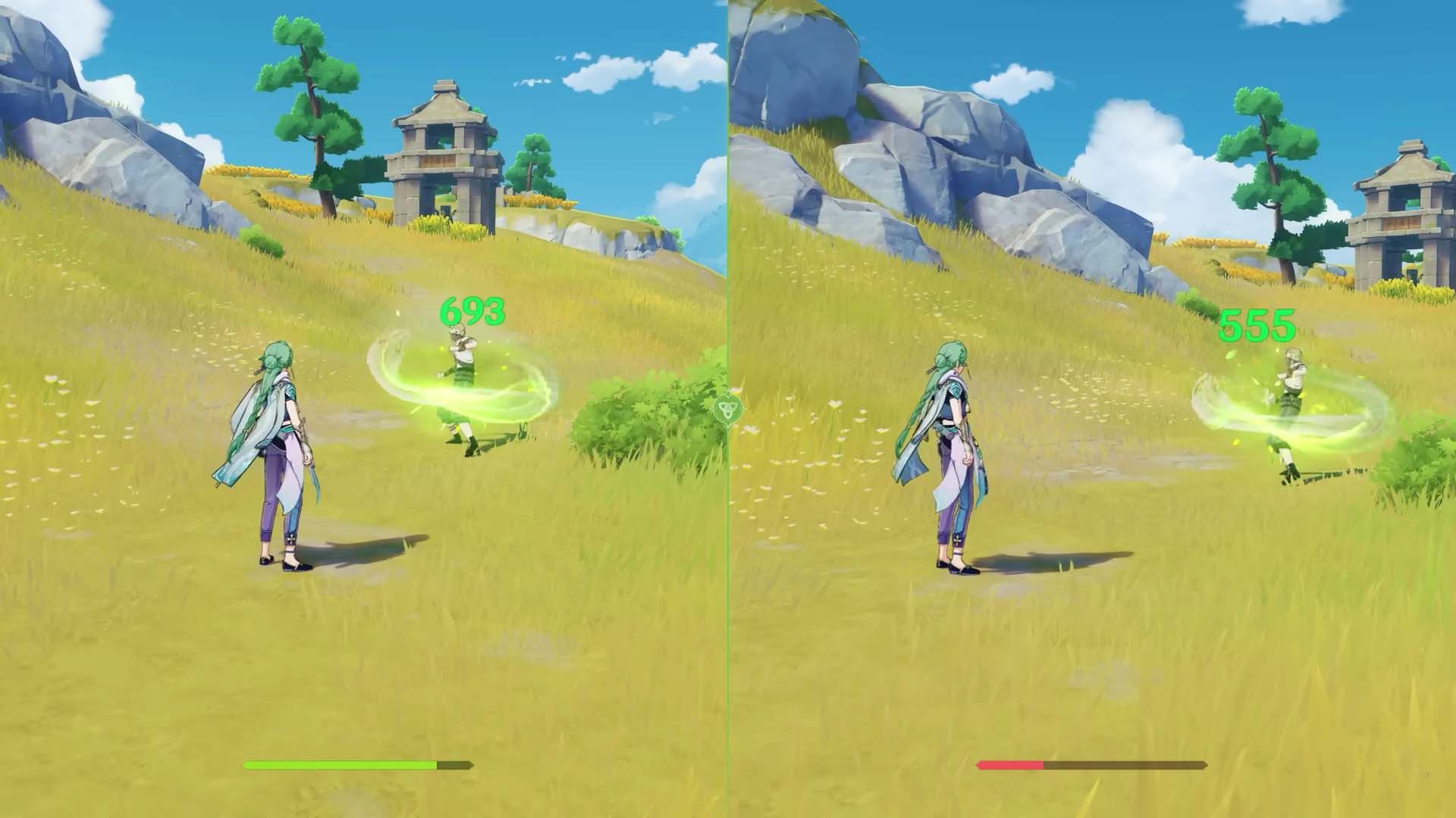 two gameplay shots of Baizhu activating his Passive, one with over 50 percent HP, the other below 50 percent HP - Genshin Impact