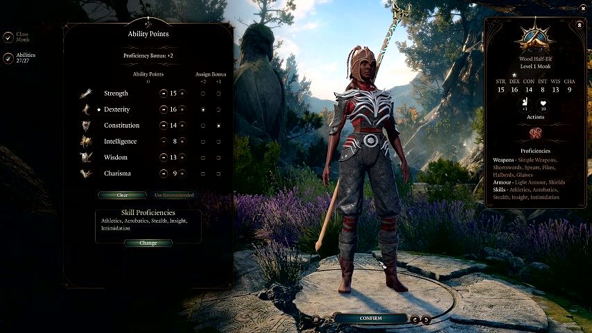 Baldur's Gate 3 ability score distribution for a way of shadow monk