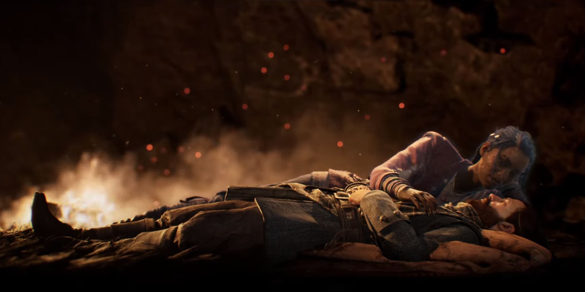 Red resting near a blazing campfire, with Antea's spirit laying beside him.