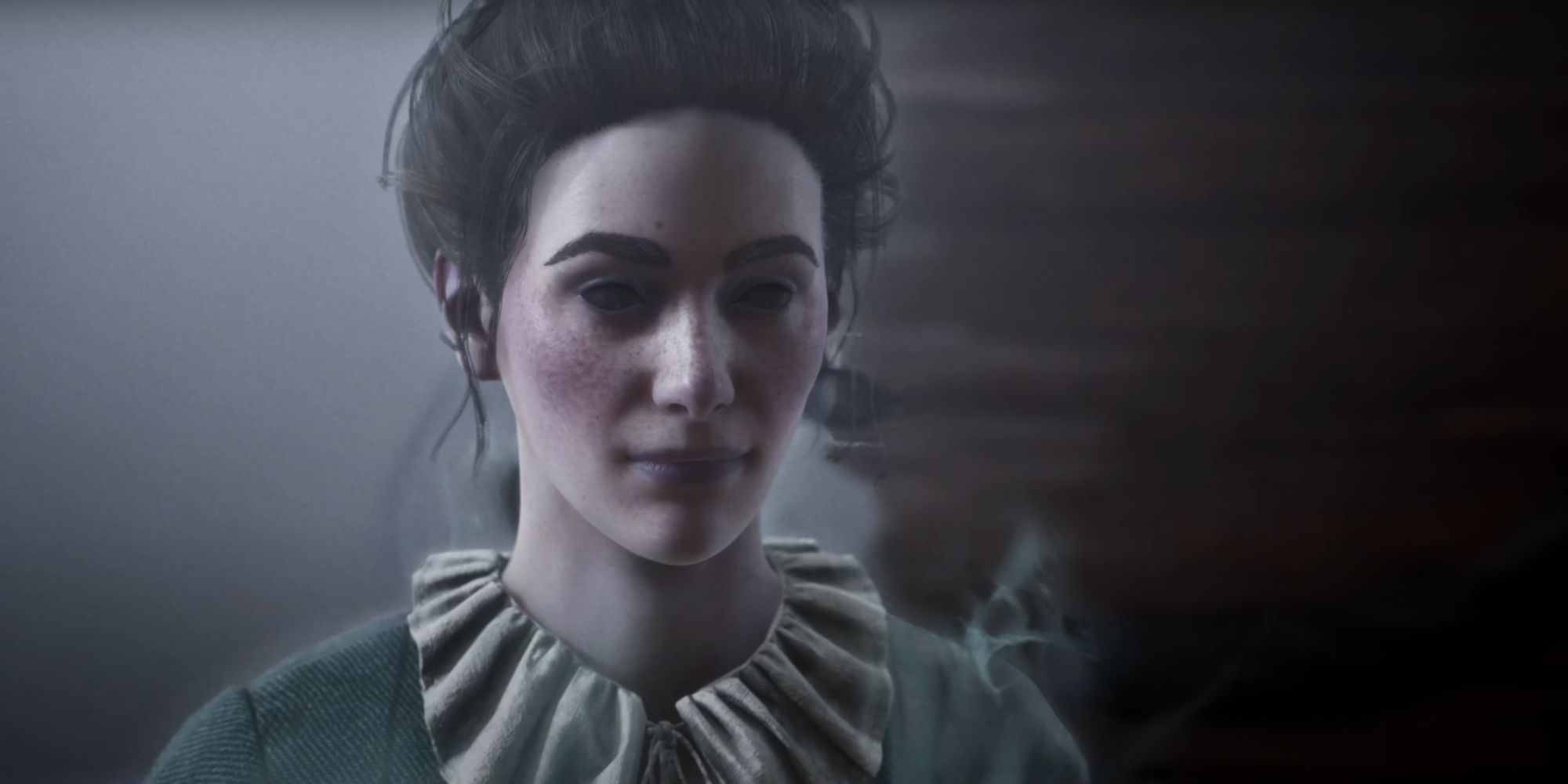 The ghostly apparition of a woman wearing a green and white dress.