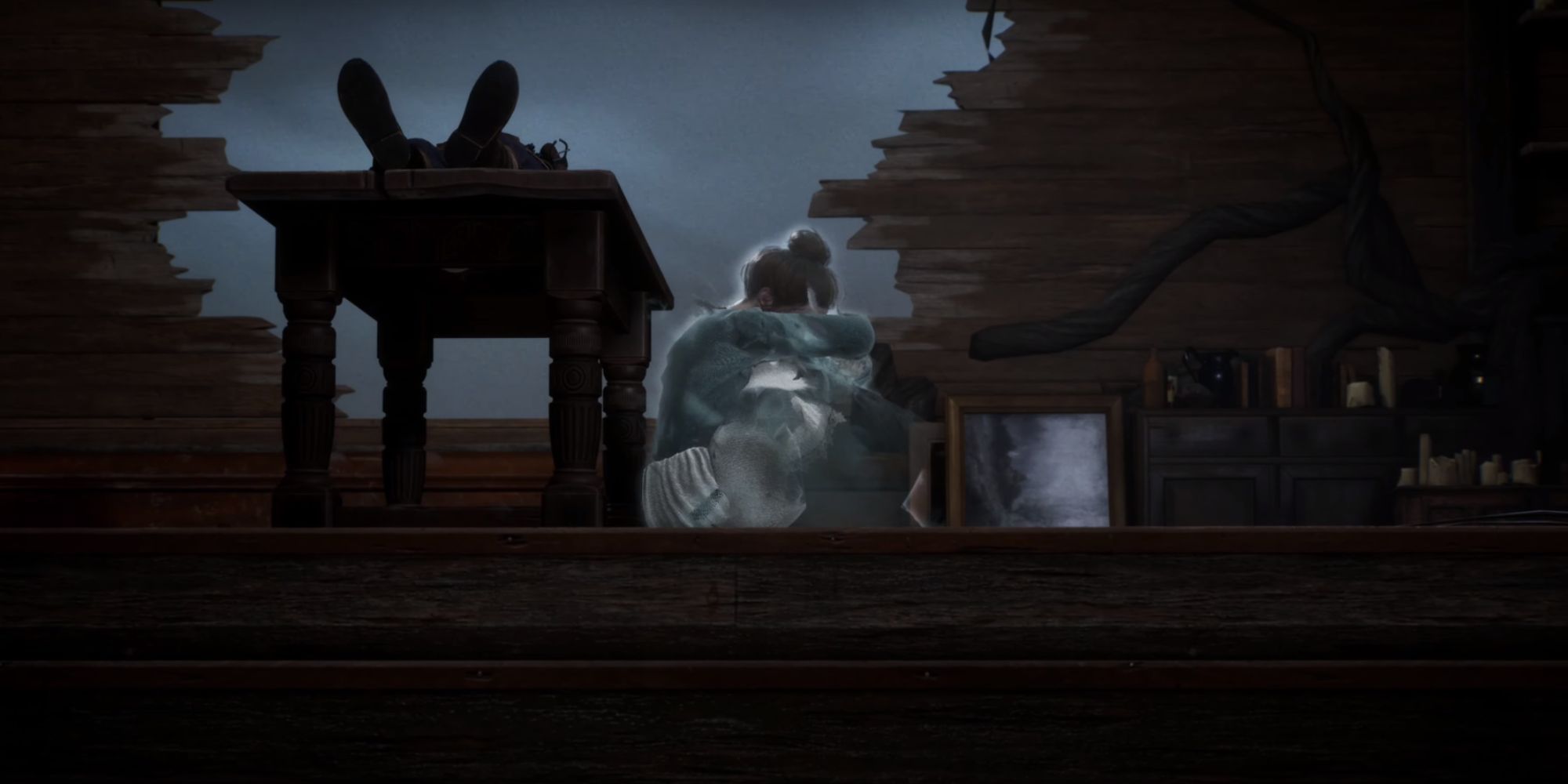 Deborah's spirit is seen sitting on the floor with her head resting on her knees and her arms wrapped around herself.