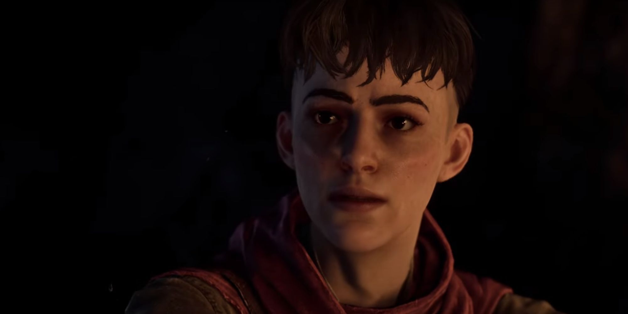 A conversation with Seeker, who has black hair, a red scarf, and short hair.