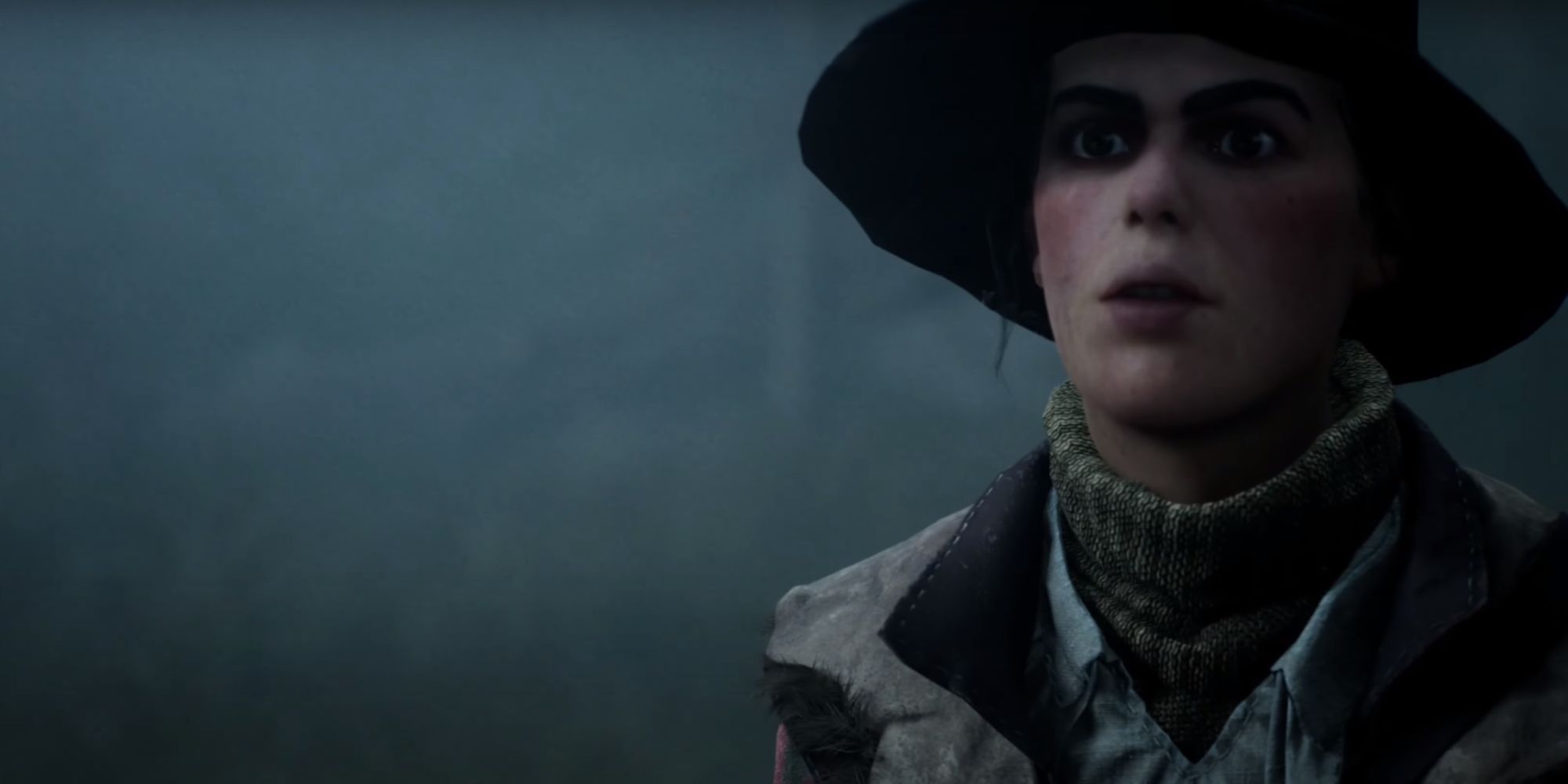 Kate, with rosy cheeks and a black hat, angrily confronts her sister.