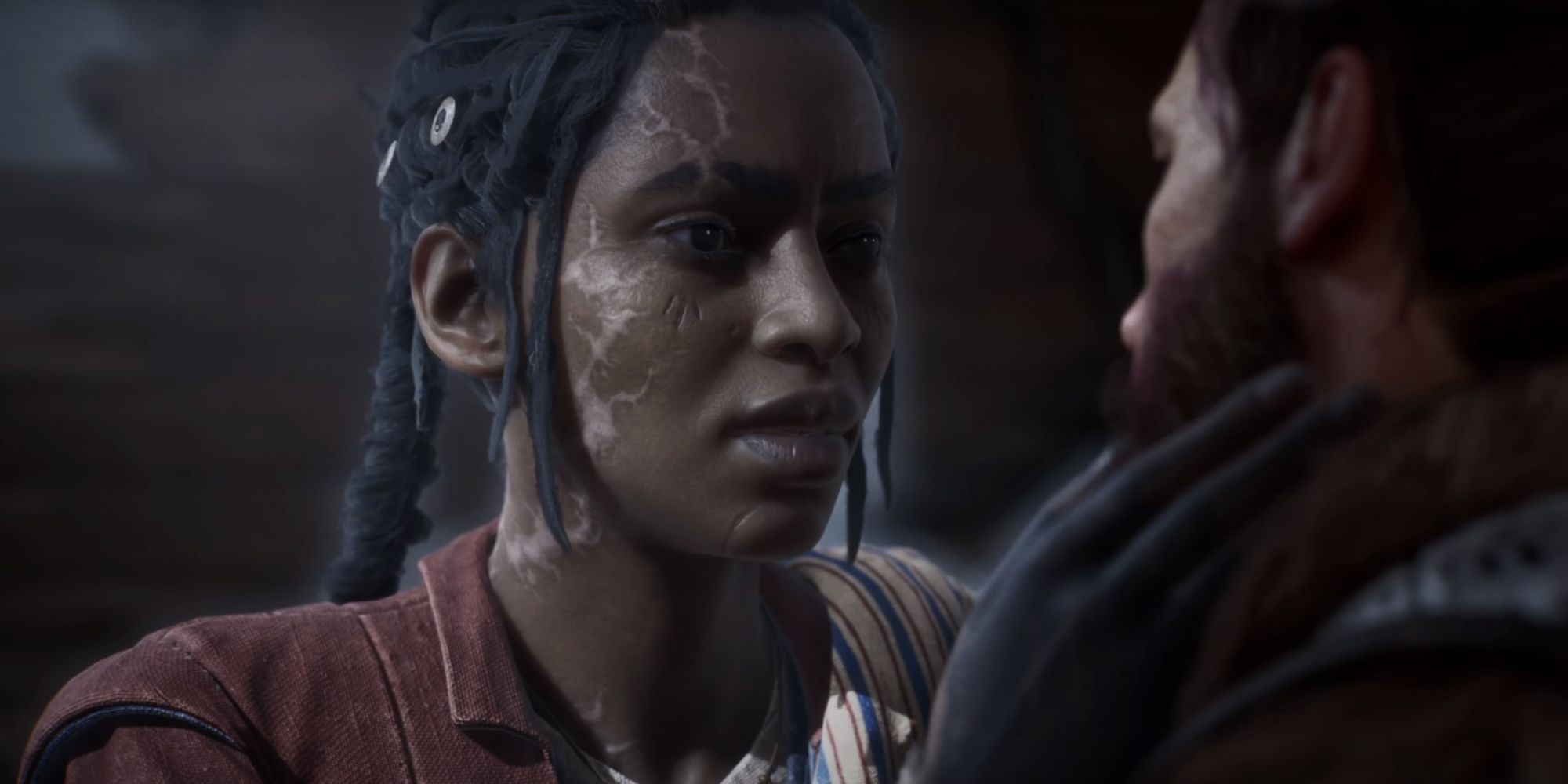 Antea holding Red's face and looking him in his eyes.