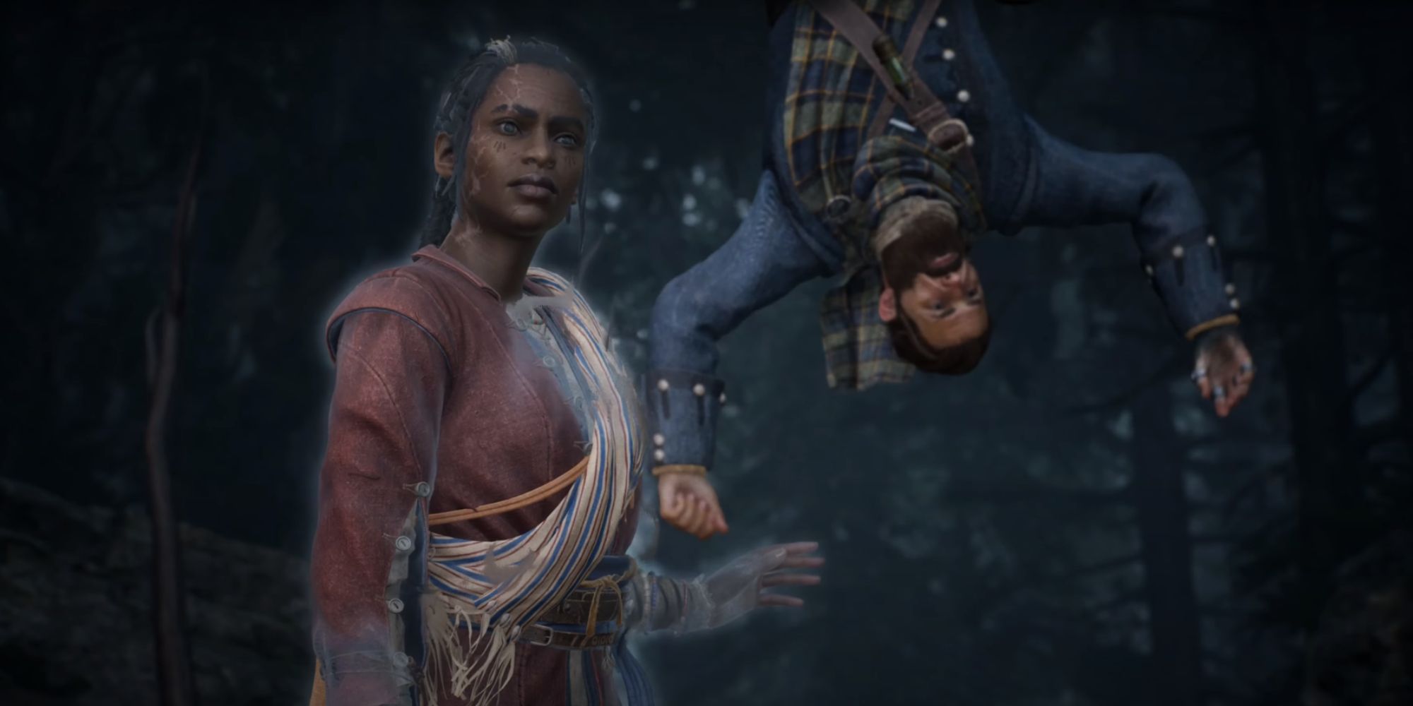 Antea telling Red to hush as he's hanging by a rope tied around his ankle.