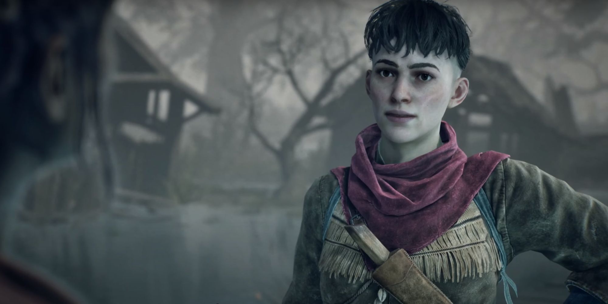 Seeker, wearing a red scarf and knife at her chest, standing near a dock.