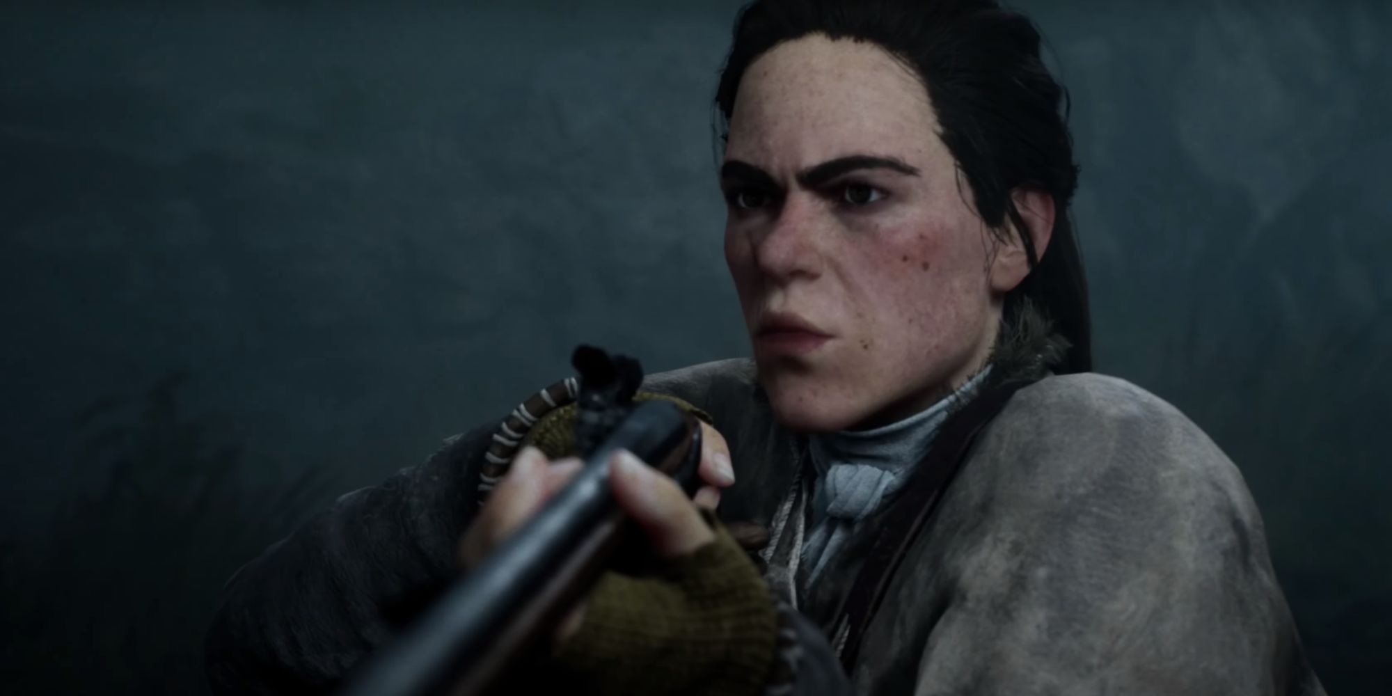 Thickskin readying her rifle towards Red with a hostile expression.