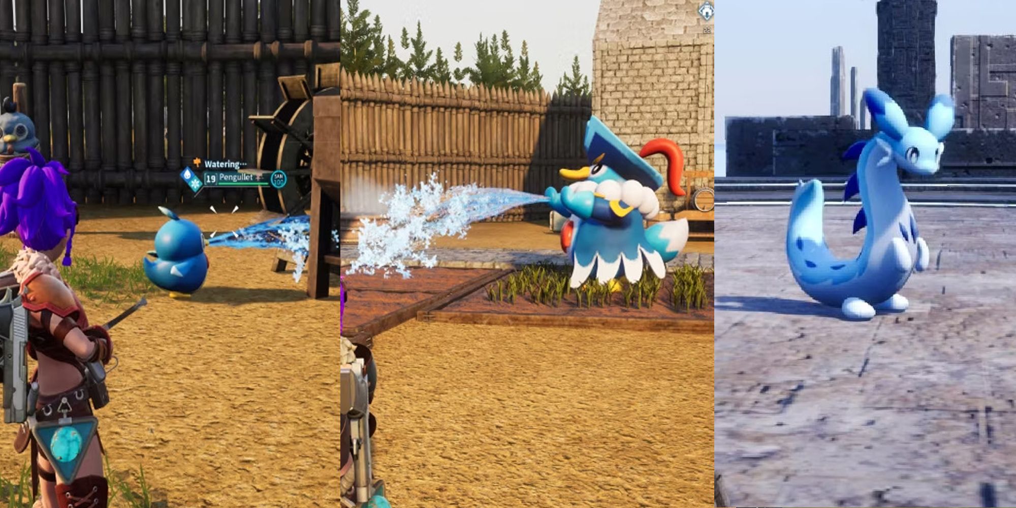A collage showing three different Pals with cooling abilities in Palworld.