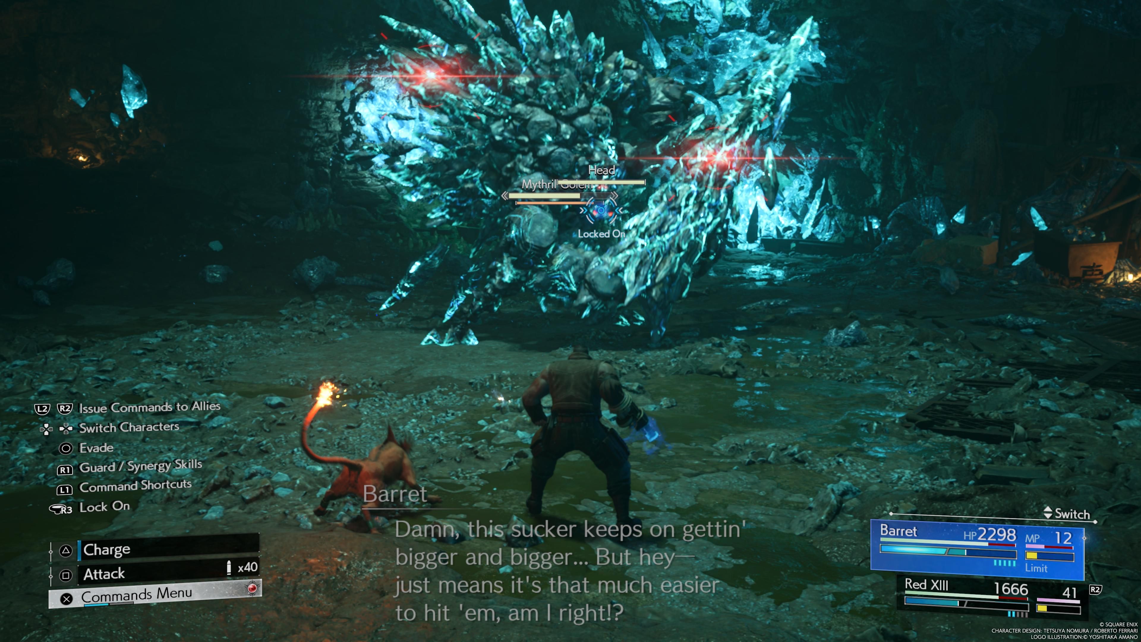Barret battling the Mythril Guardian in FF7 Rebirth