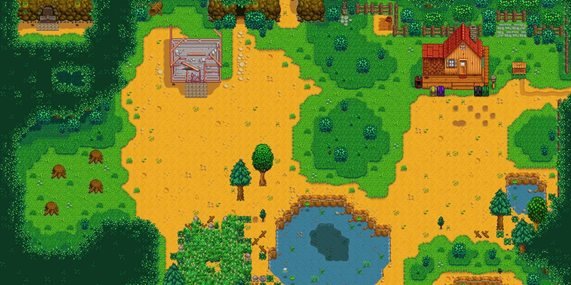 Stardew Valley bird's eye view of the Forest Farm layout