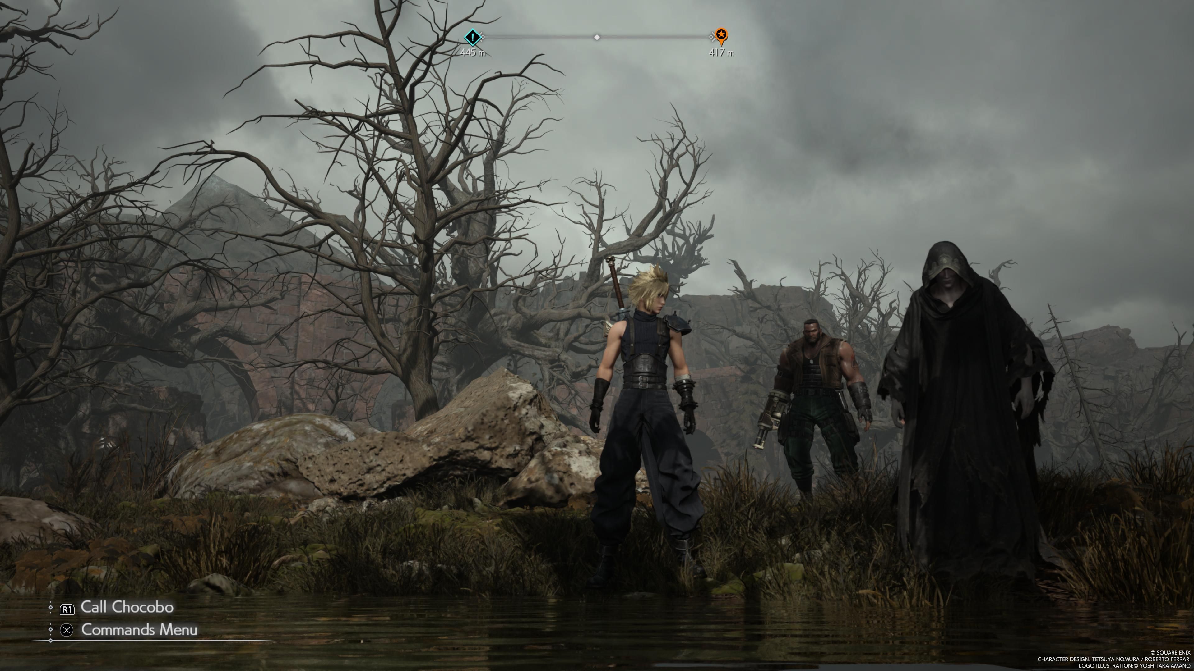 Black robed man with Cloud and Barret nearby in the Grasslands swamp area in FF7 Rebirth
