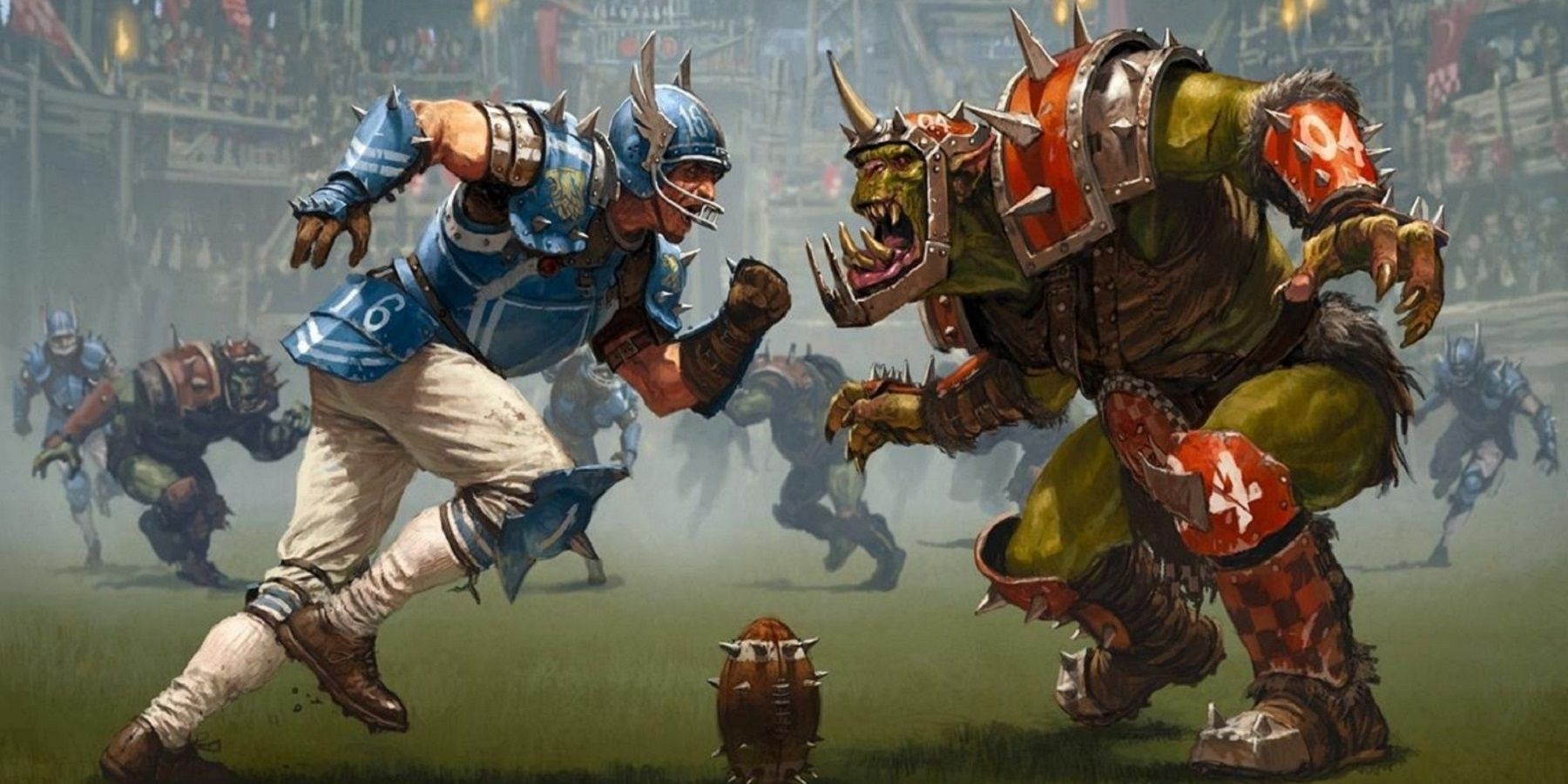 blood bowl board game cover with an orc and a human running at each other