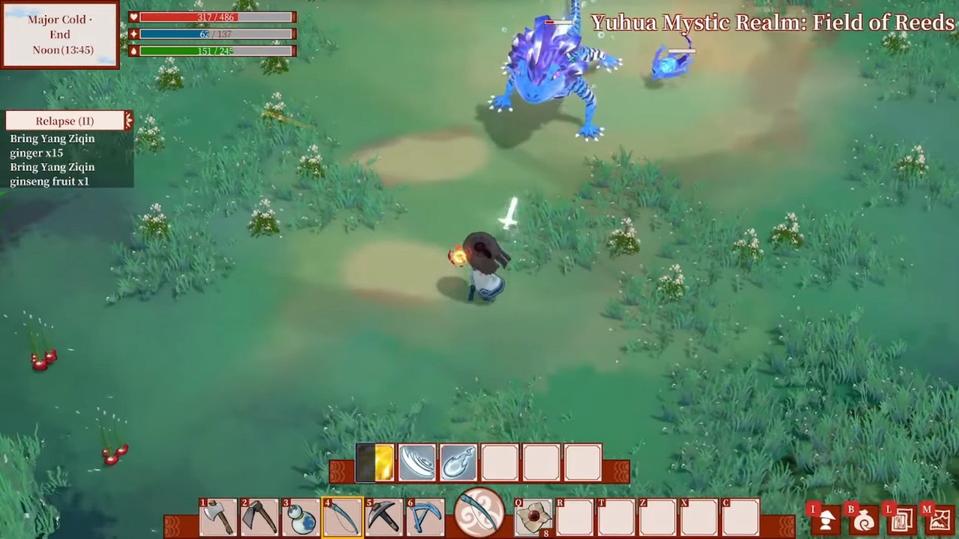 attacking a lizard boss with a flying sword in Immortal life