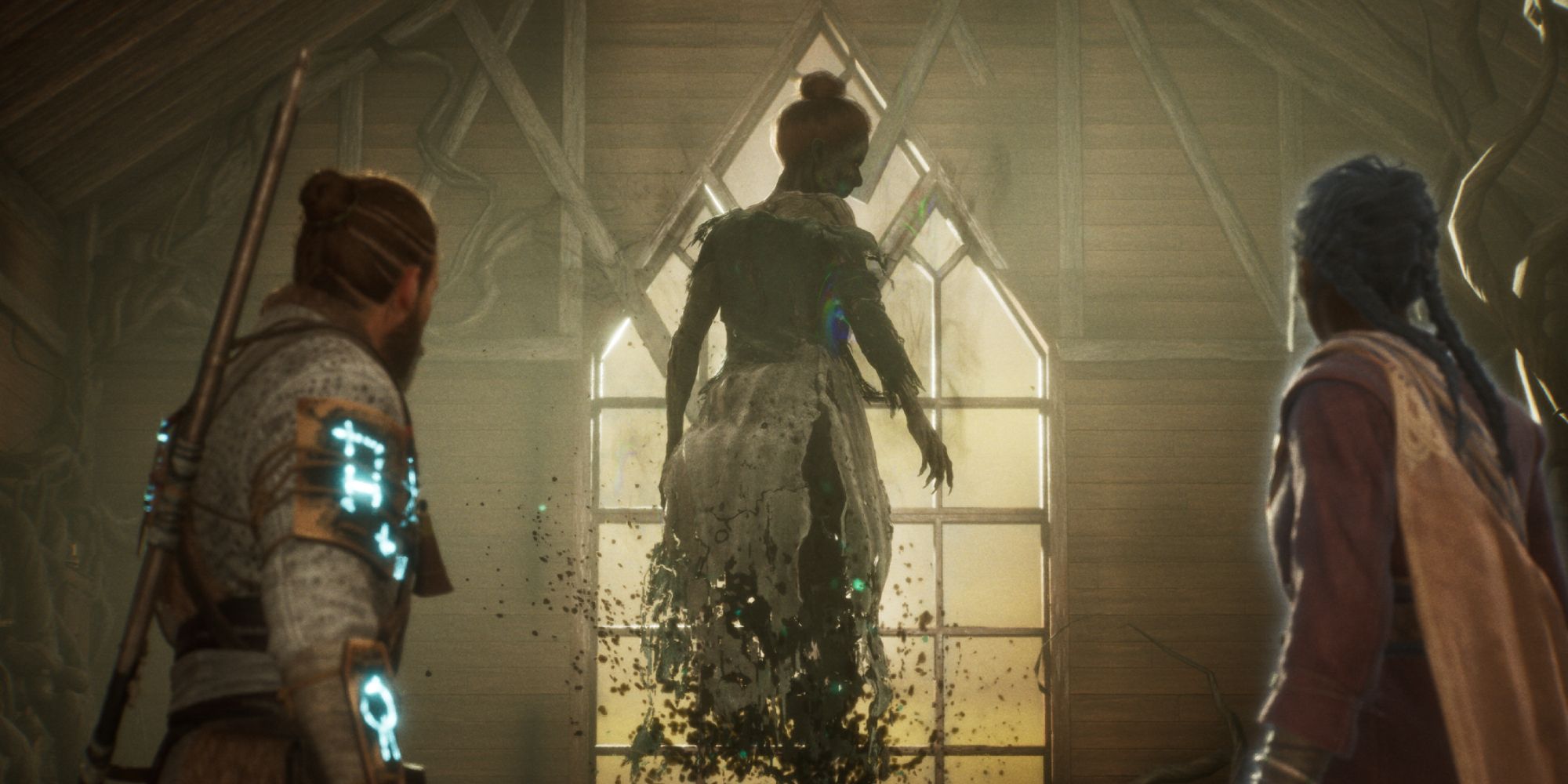 Both Red and Antea are looking at the Nightmare at the meetinghouse - Banishers Ghosts of New Eden