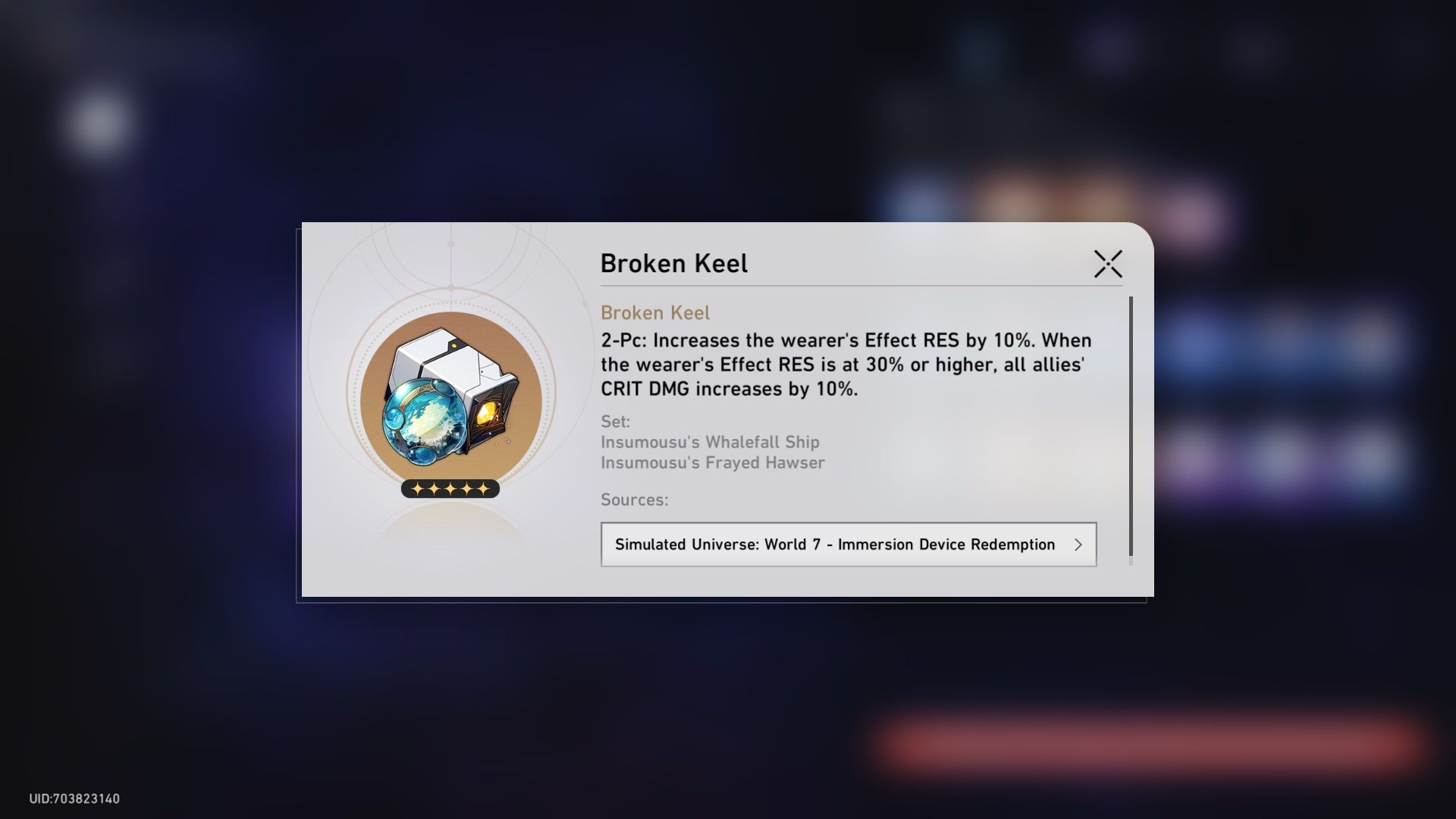 A text box in Honkai Star Rail detailing what Broken Keel does.