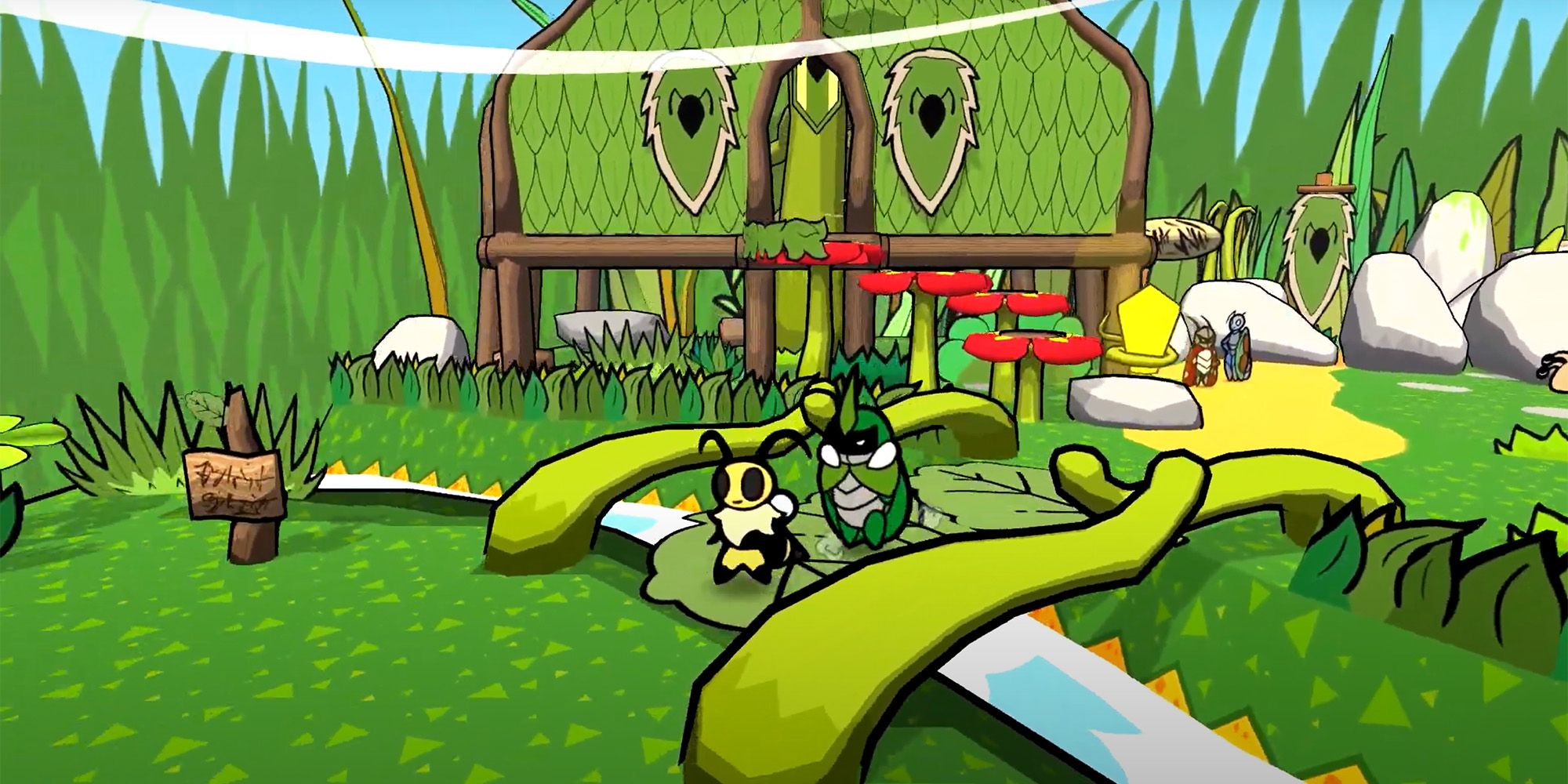 Vi and Kabbu crossing a bridge made of grass in Bug Fables.