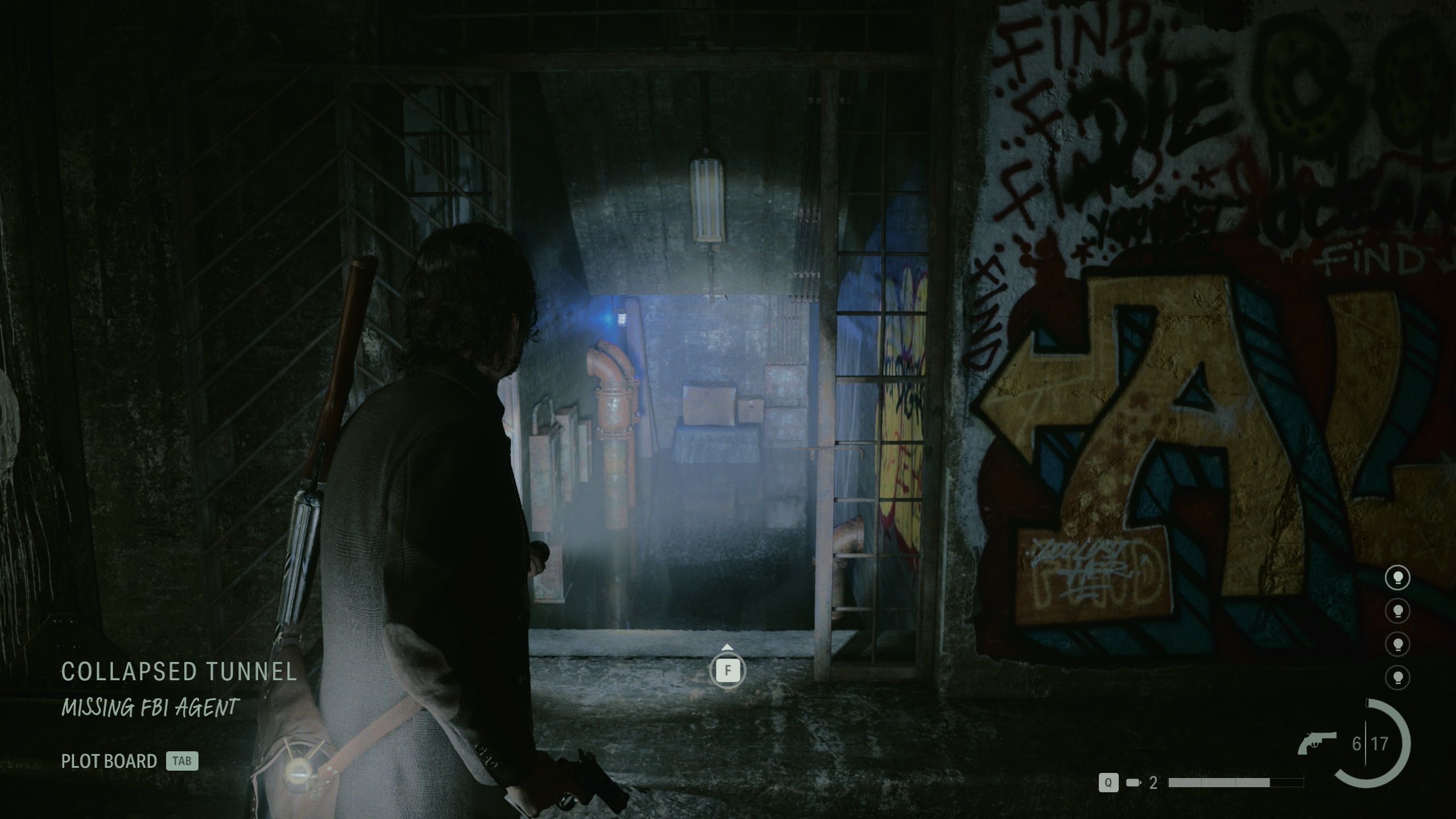 Alan shines a light into a flooded staircase. A key prompt shows that a Light Shift exists here