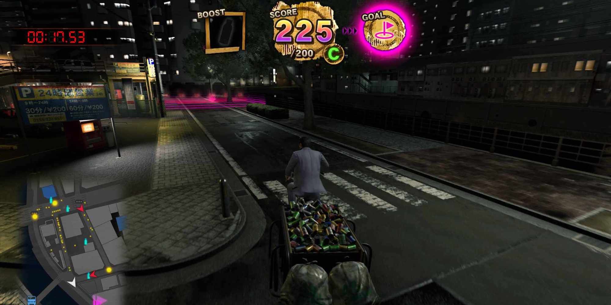 Kiryu riding a bike, collecting cans