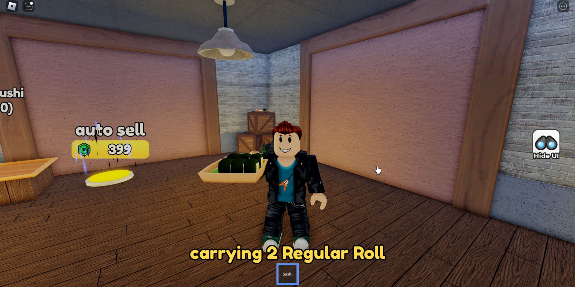 A Roblox character carries a tray of ordinary sushi rolls in Make Sushi And Prove Dad Wrong.