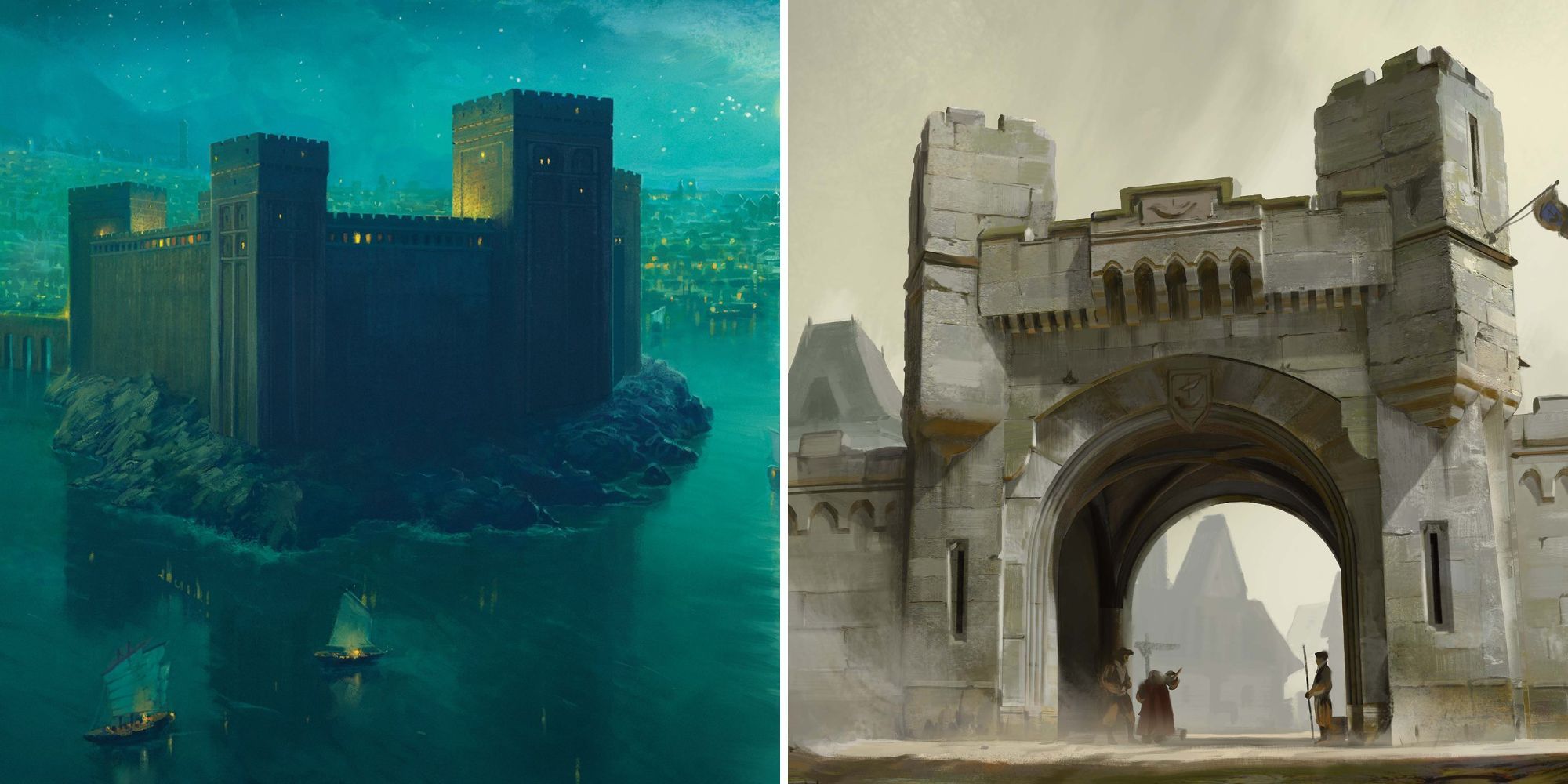 Castle on the water against town gate with guards