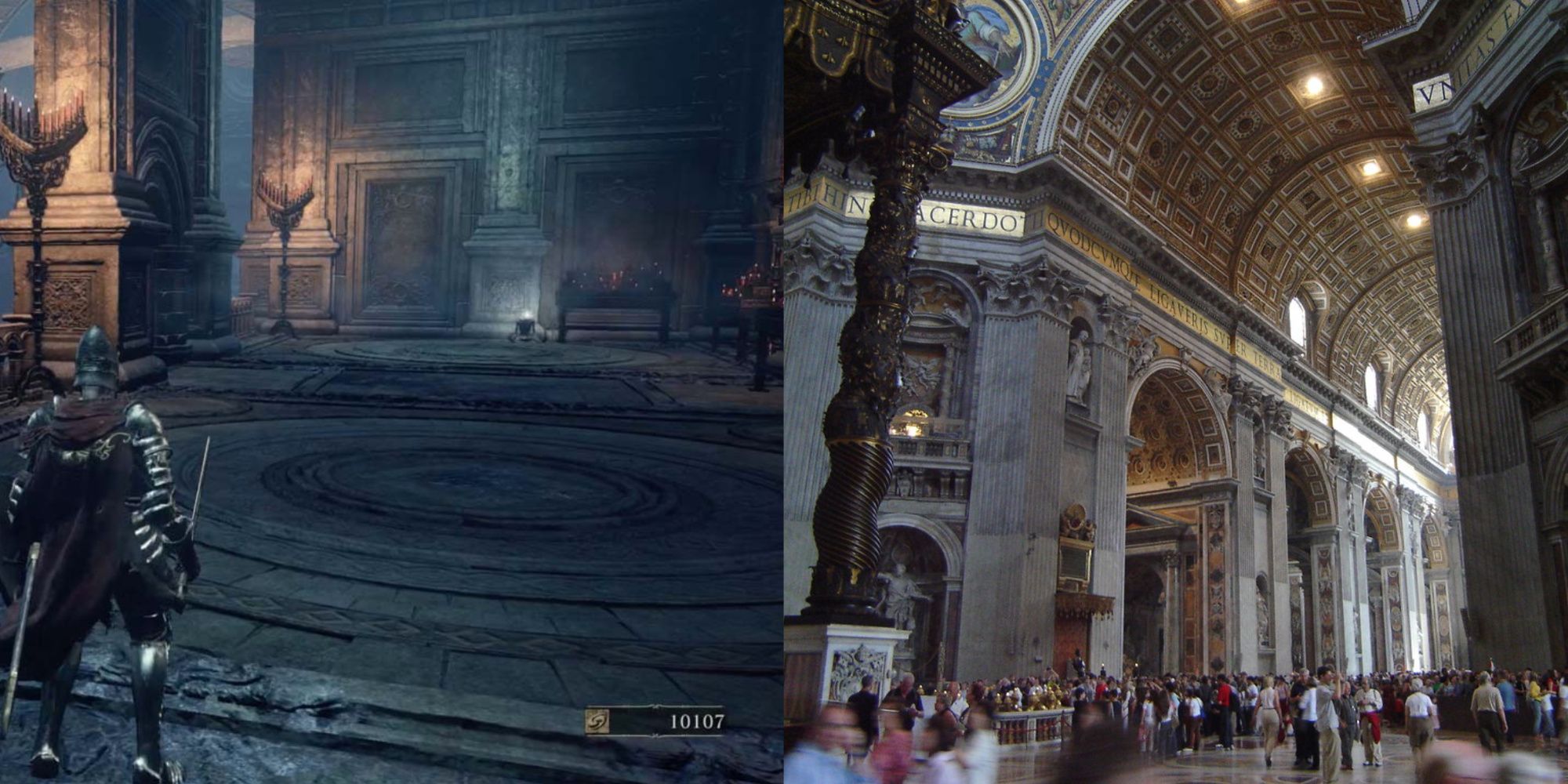 Comparison between the Cathedral of the Deep in Dark Souls 3 and St. Peter's Basilic in the Vatican