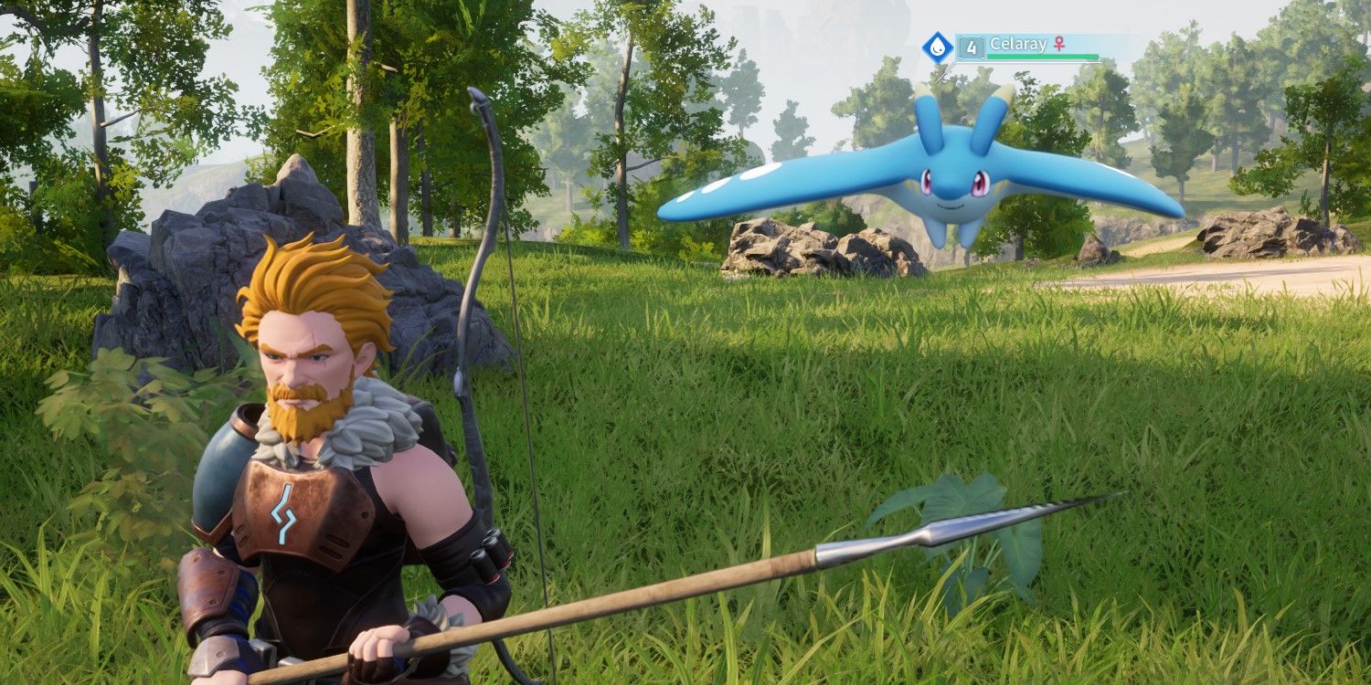Palworld: Celeray soaring around the player as he holds a spear