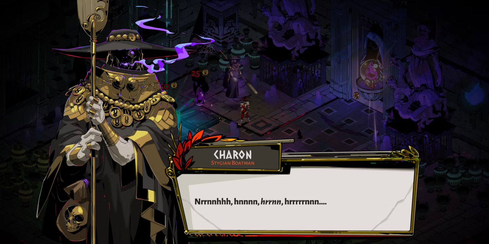 Charon talking to Zagreus in Asphodel