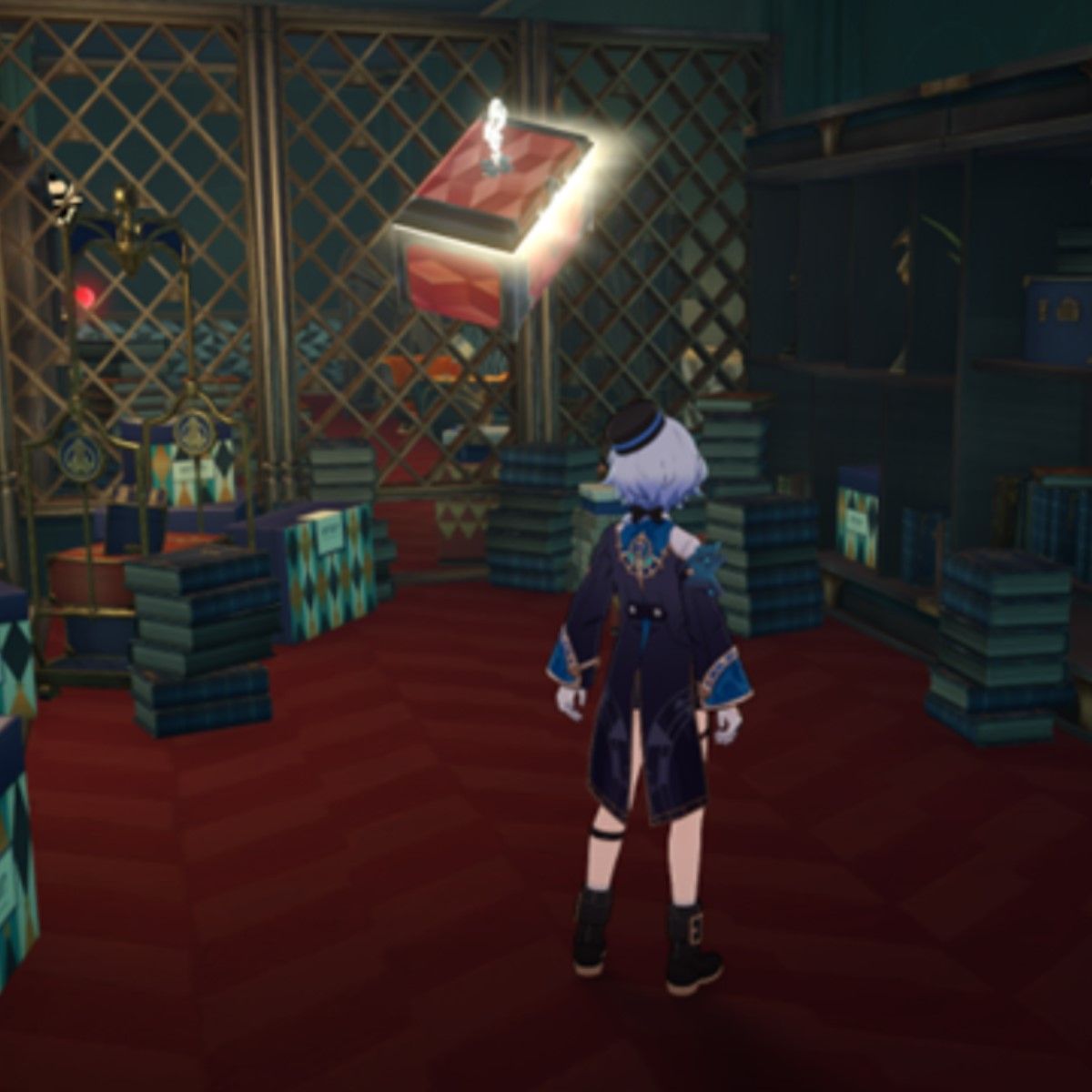 Honkai Star Rail's Misha stands in front of a floating chest.