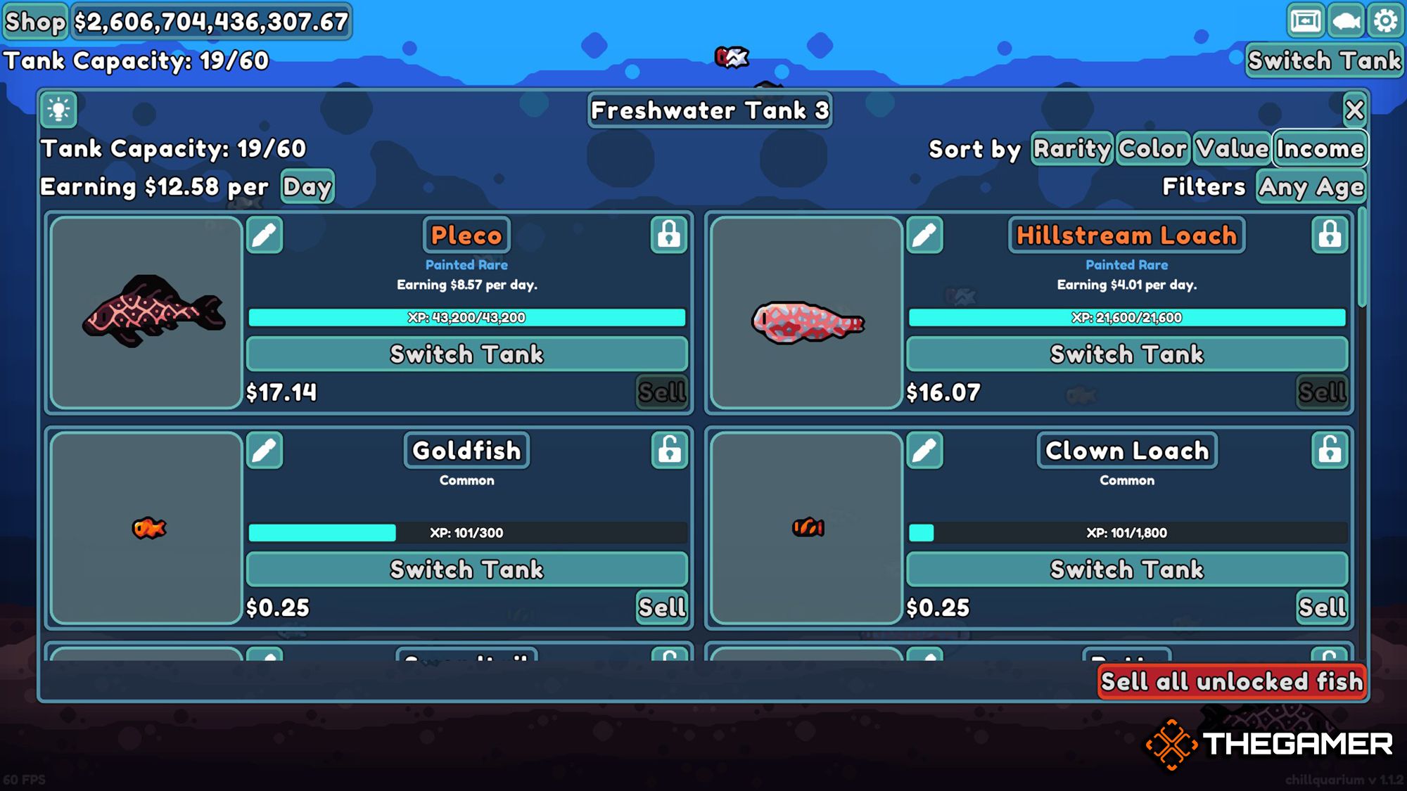 Chillquarium's Fishing Tank Tab Shows Different Species of Fish