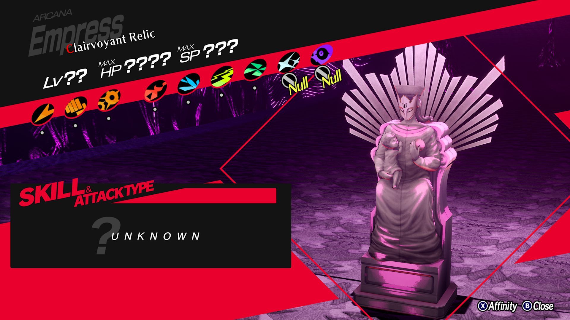 A list of the Clairvoyant Relic's Affinities, revealing resistances to Light and Darkness in Persona 3 Reload