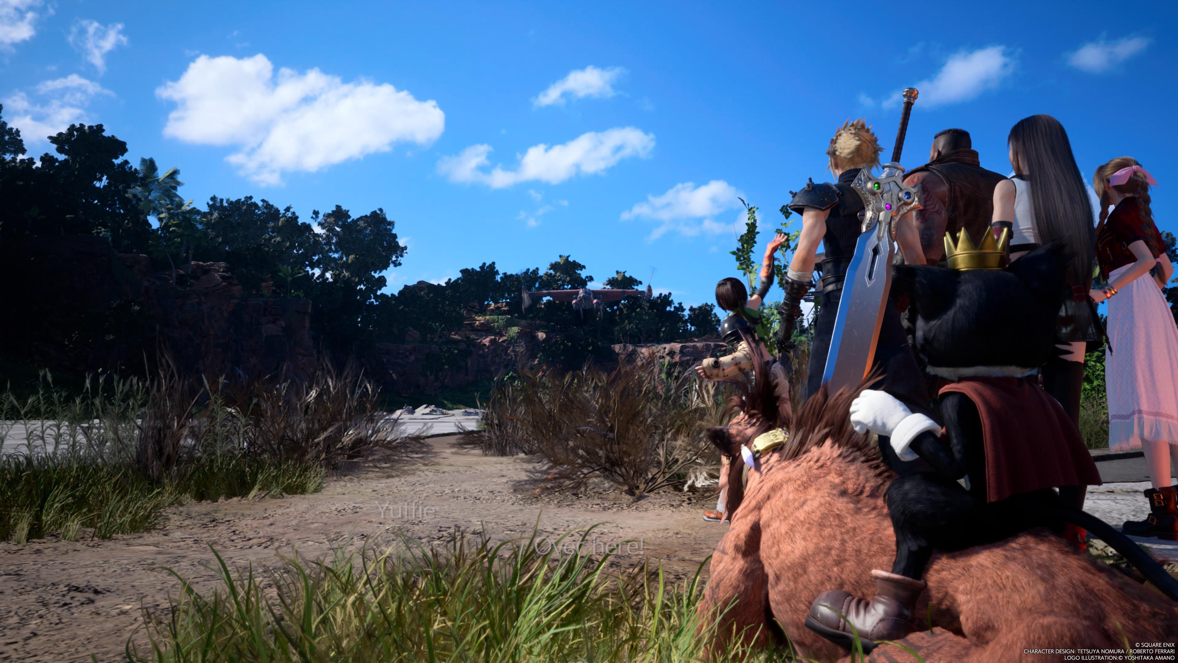 Cloud and the rest of Final Fantasy 7 Rebirth's party watch as the Tiny Bronco airplane lands in the Gongaga Airstrip
