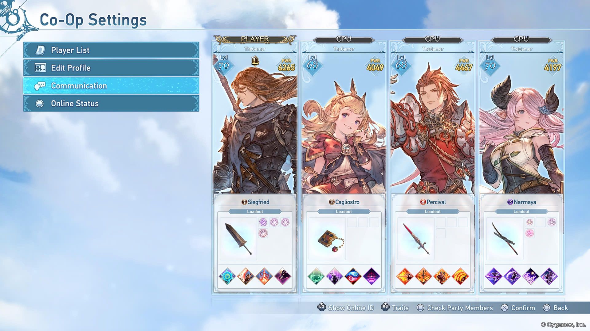 co-op settings, party list, profile edit, communication, online status, and current party members for multiplayer