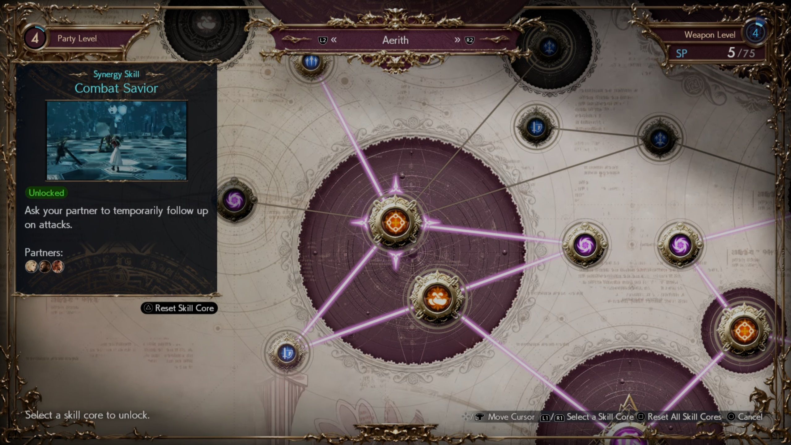 Combat Savior Synergy Skill as seen on Aerith's Folio board in FF7 Rebirth