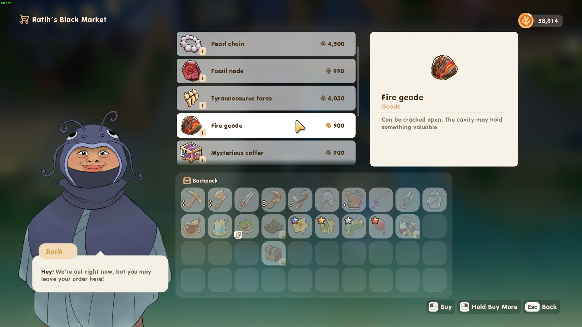 Coral Island: An image of the Black Market menu with a Fire Geode highlighted