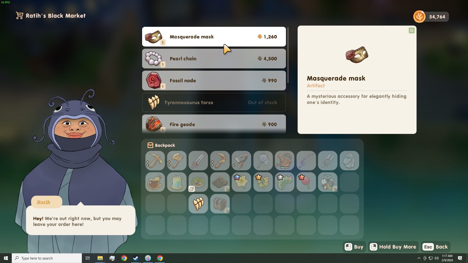 Coral Island: An image of the Black Market menu with an artifact highlighted