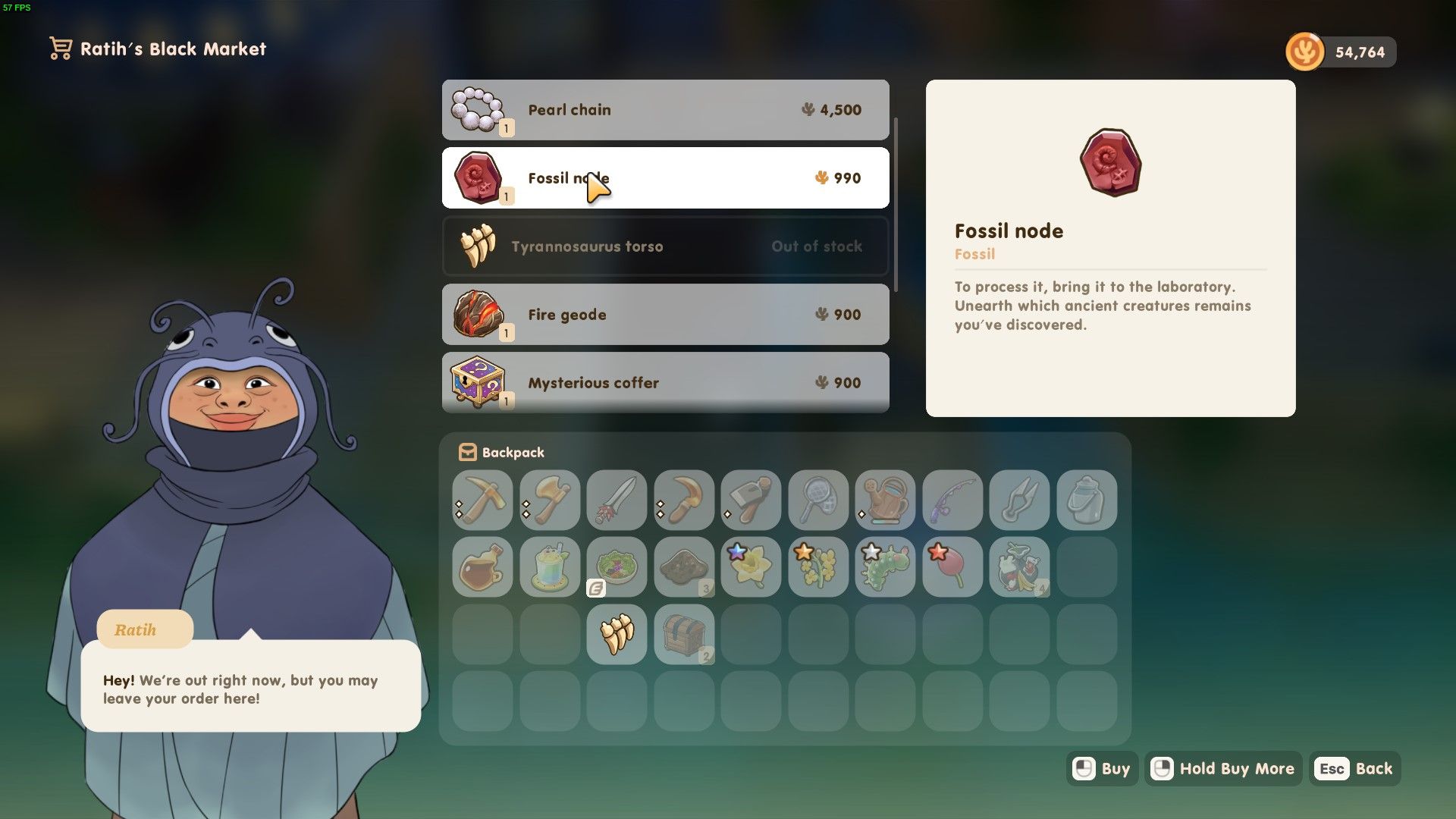 Coral Island: An image of the black market menu with a fossil node highlighted