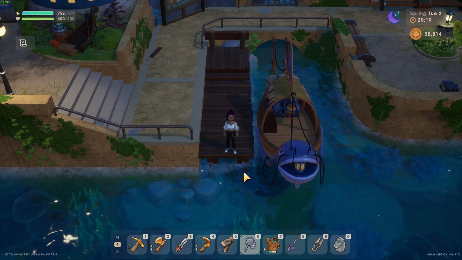 Coral Island: The player stands on the docks by the Black Market