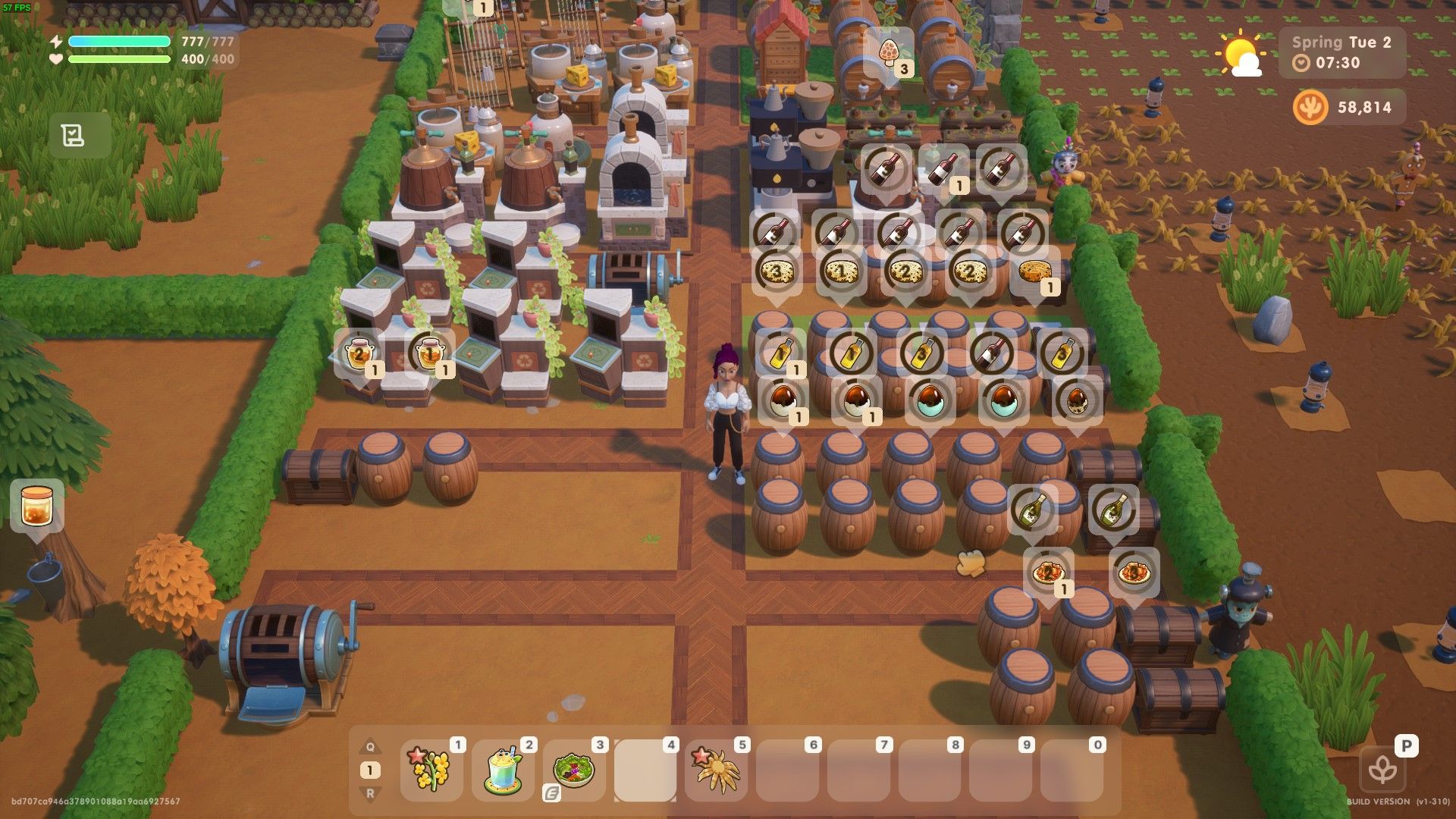 Coral Island: The player stands next to a row of aging barrels processing mead